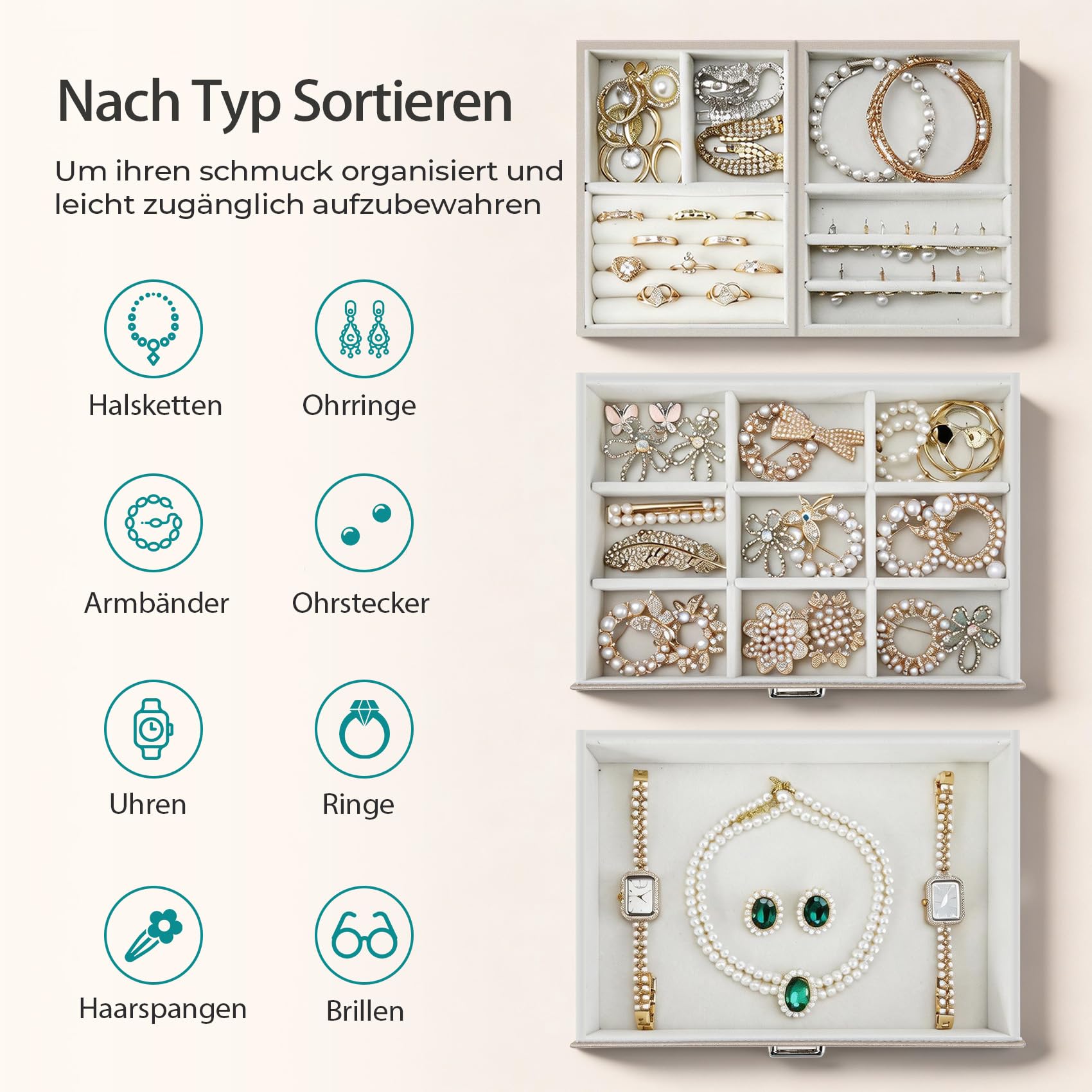 Dajasan Large Jewelry Box Schmuckkästchen Champagner 3 Ebenen