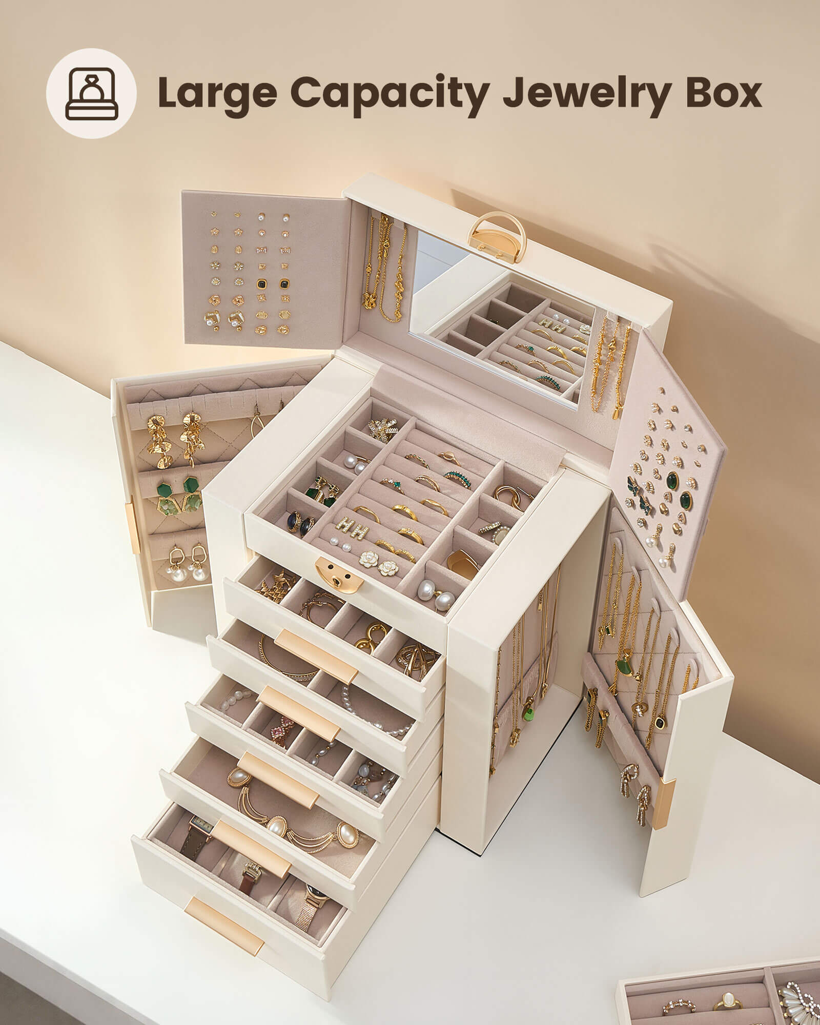 Lolalet Jewelry Box Schmuckkasten beige 6 Lagen mit Spiegel