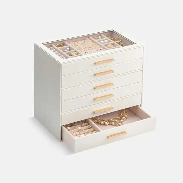 Lolalet Jewelry Box Schmuckkästchen Beige 6 Lagen Glasdeckel