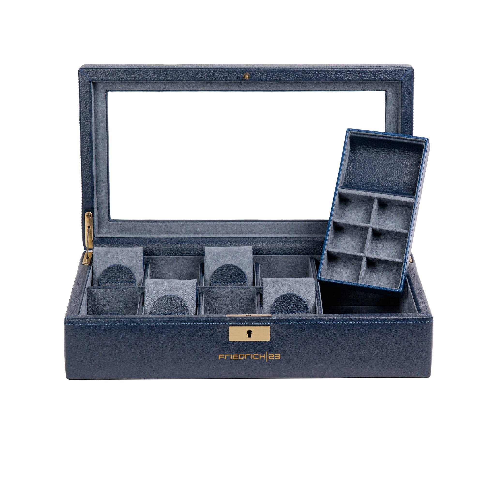 Friedrich 23 Dynasty Uhrenbox 8 Uhren Dunkelblau Leder