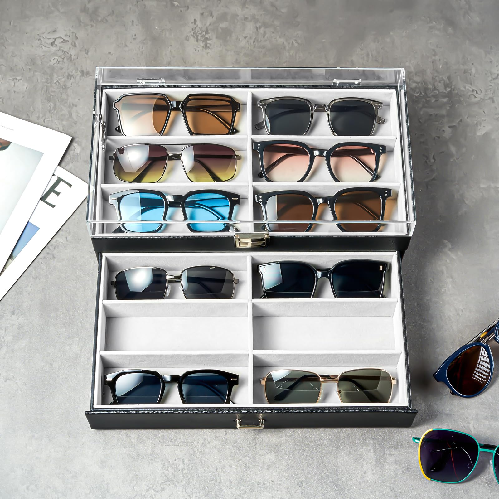 Lolalet Sunglass Box Brillenbox Schwarz 12 Fächer Acryldeckel