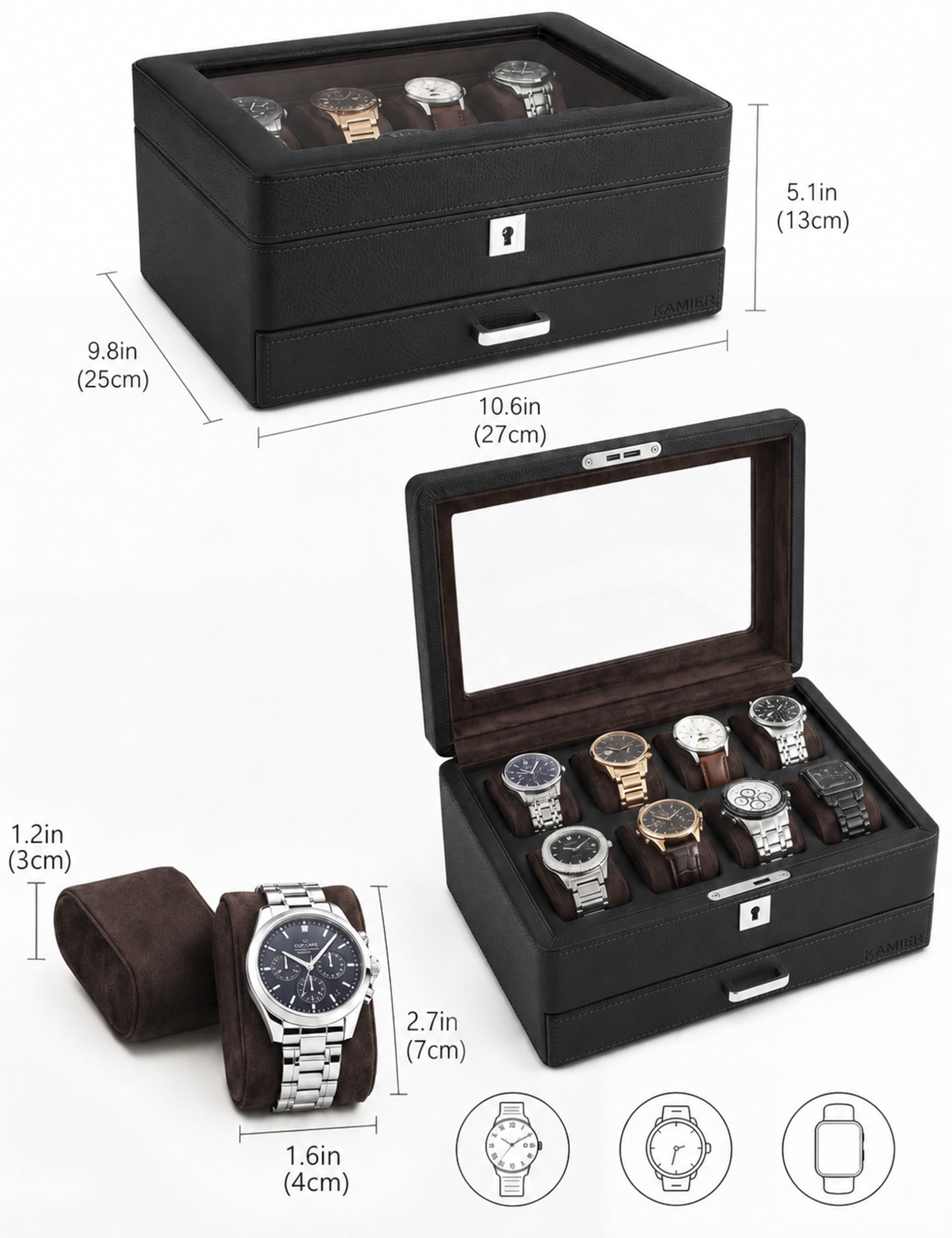 KAMIER Watch Boxes Uhrenbox 8 Uhren Schwarz 2 Ebenen