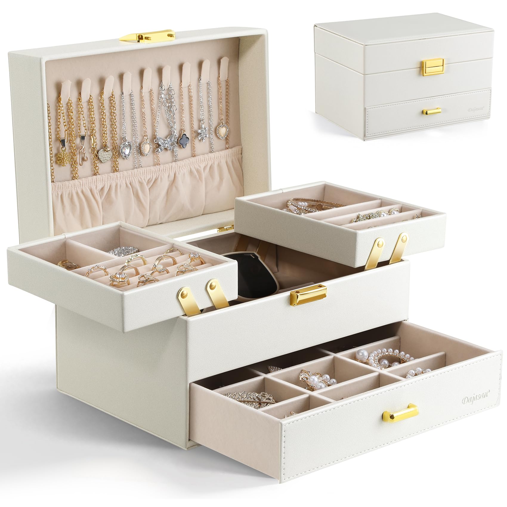 Dajasan Large Jewelry Box Schmuckkästchen Champagner 3 Ebenen