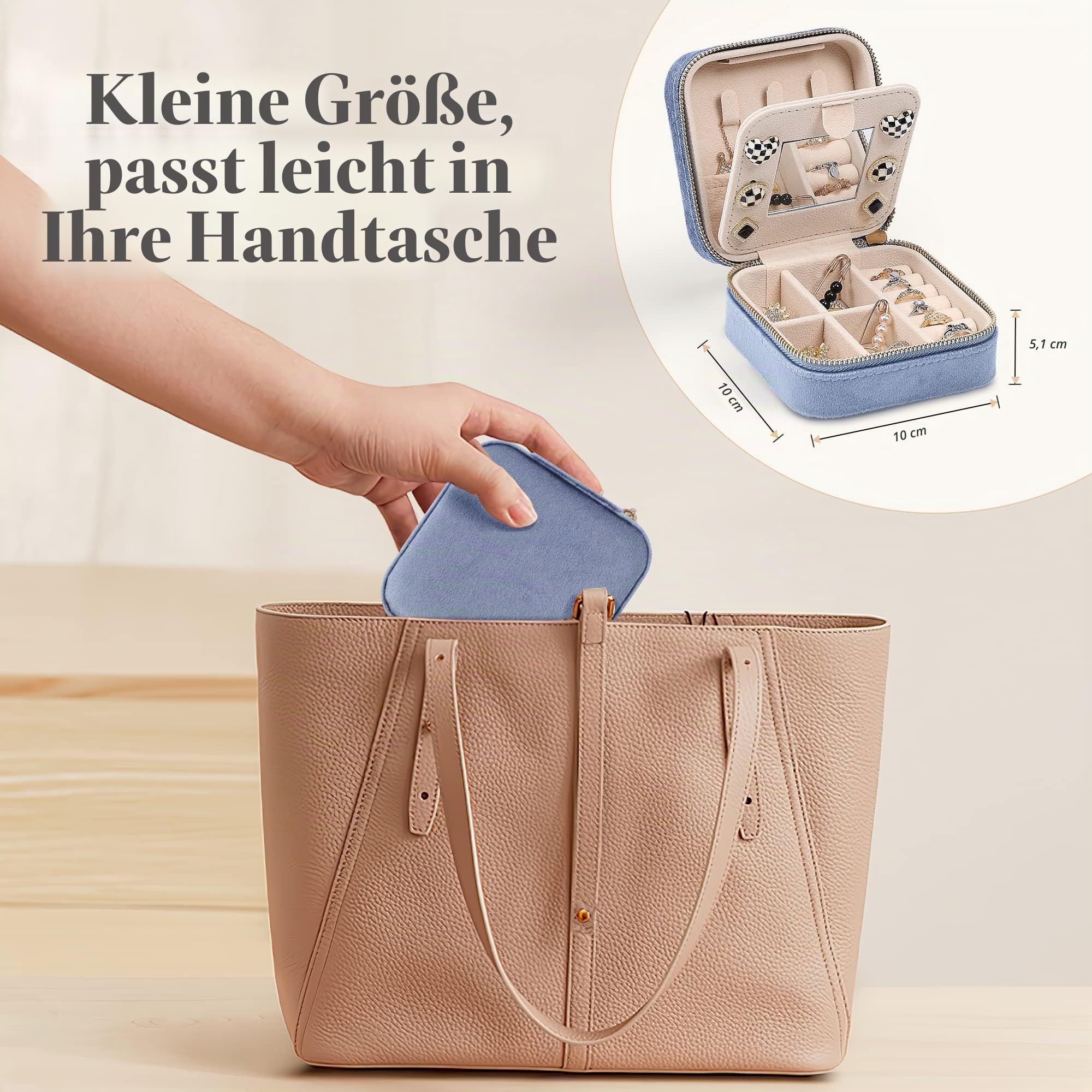 Dajasan Small Jewelry Box Schmuckbox Blau Samt Spiegel