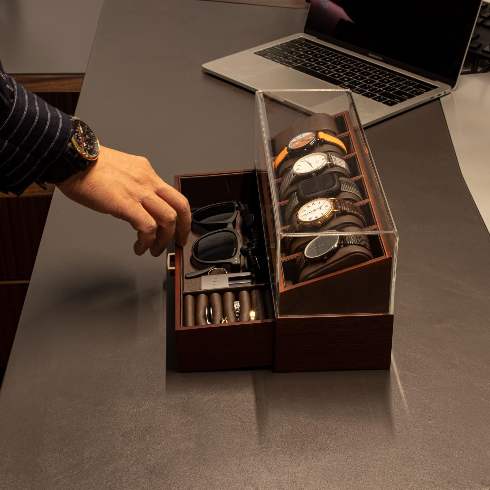 KAMIER Watch Boxes Uhrenbox Holz 6 Uhren mit Schublade Walnuss