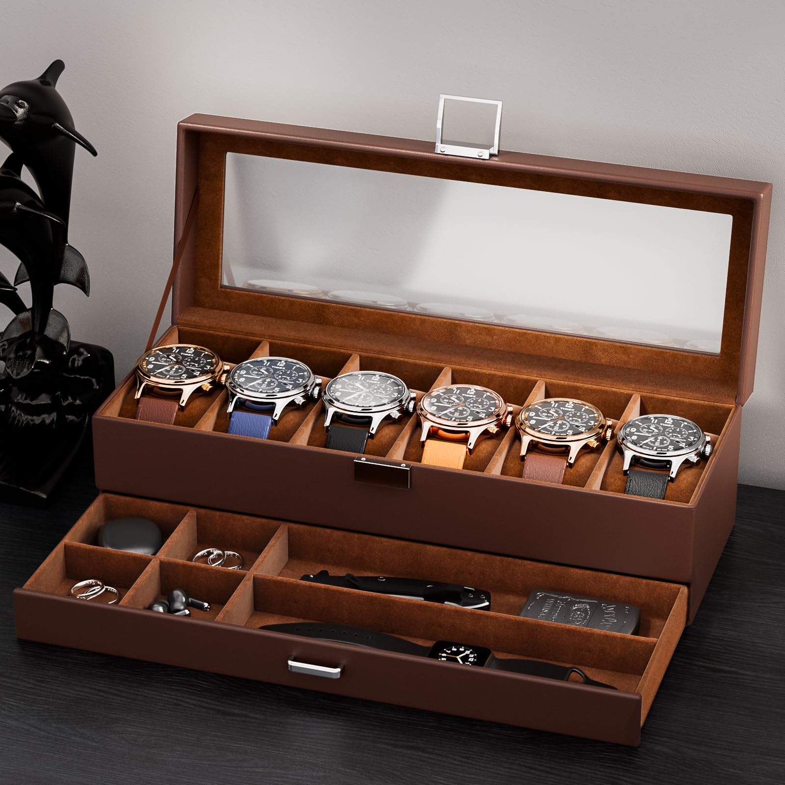 Lolalet Watch Box Uhrenbox Schwarz 6 Fächer Glasdeckel