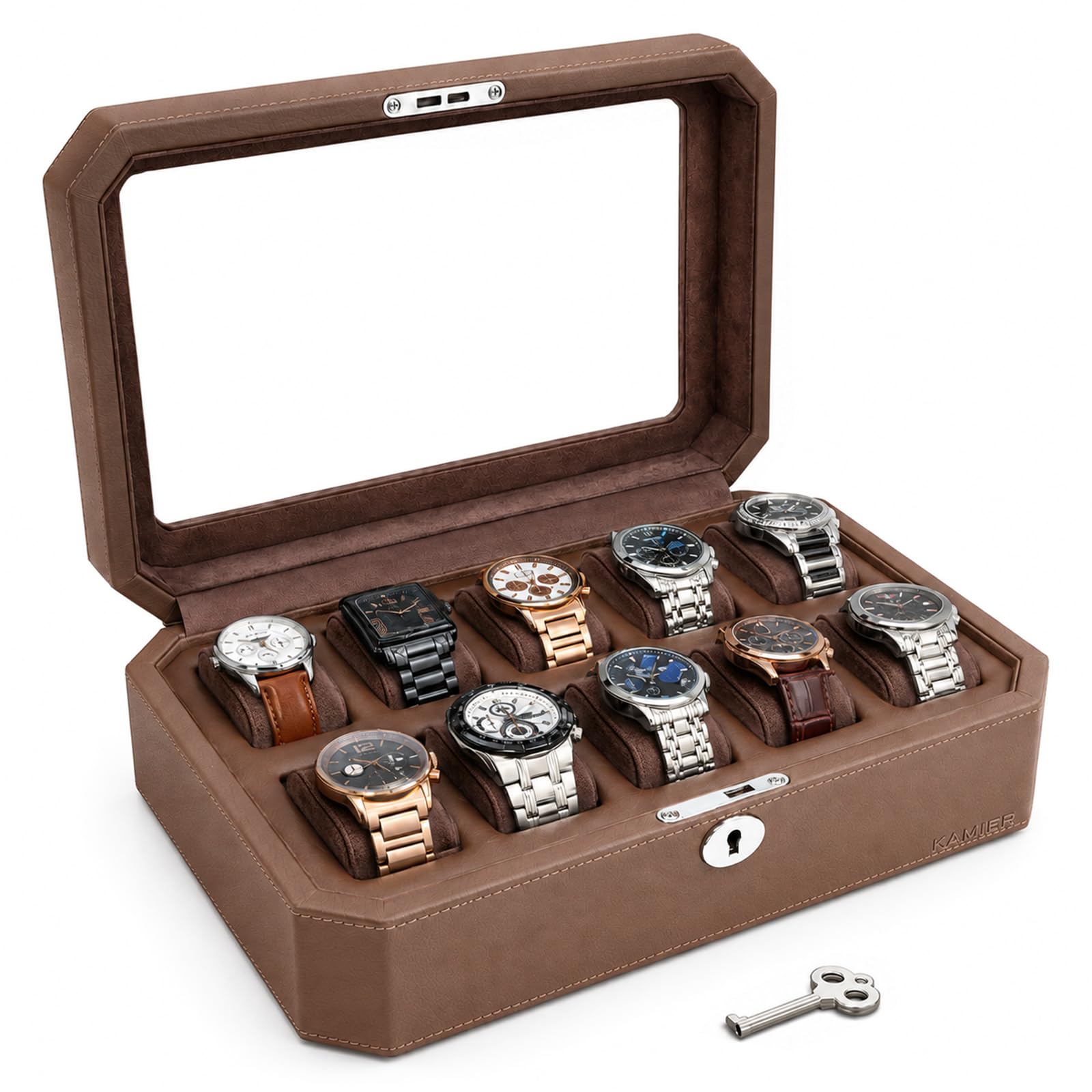 KAMIER Watch Boxes Uhrenbox 5 Fächer Schwarz PU-Leder Schloss