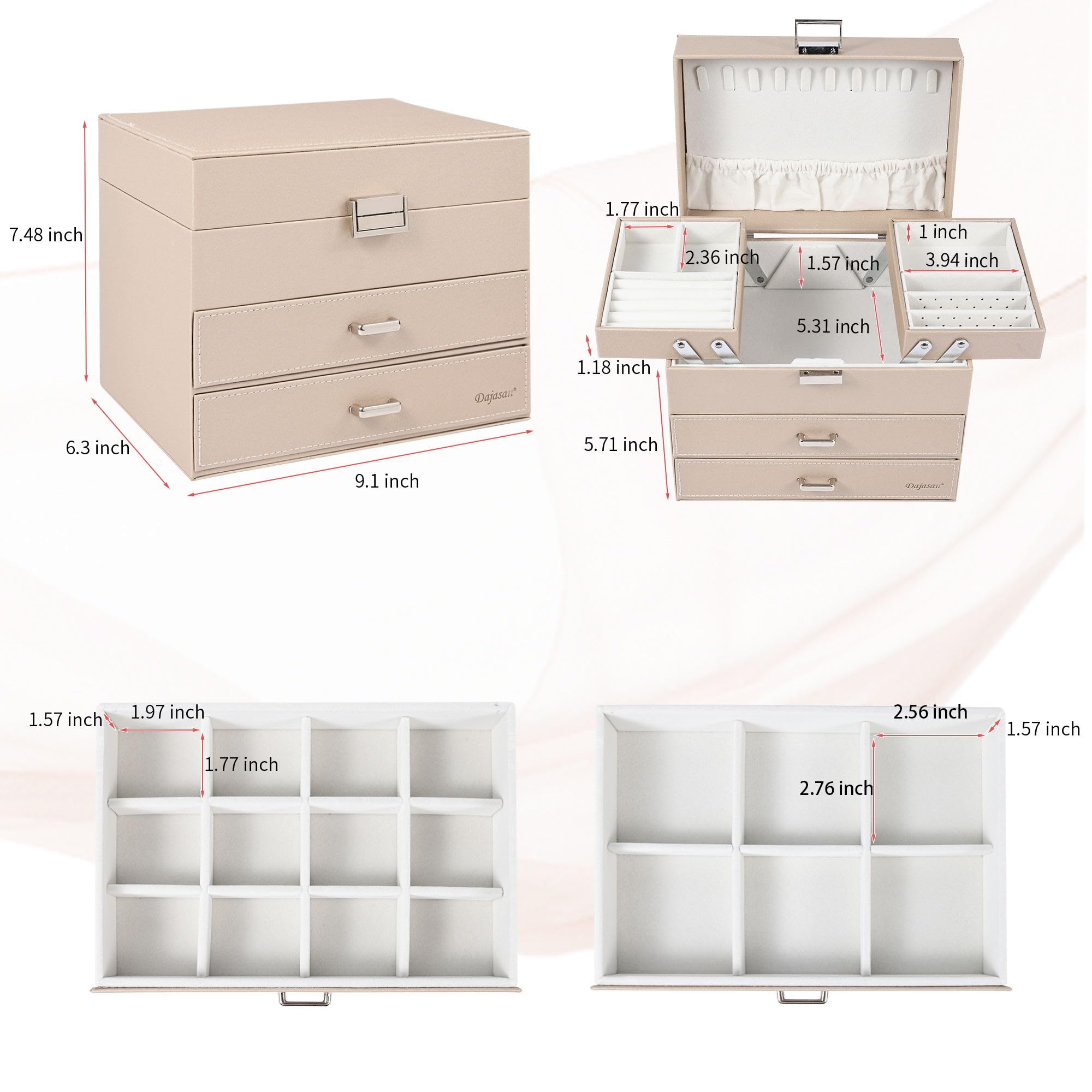 Dajasan Large Jewelry Box Schmuckkästchen Champagner 4 Ebenen