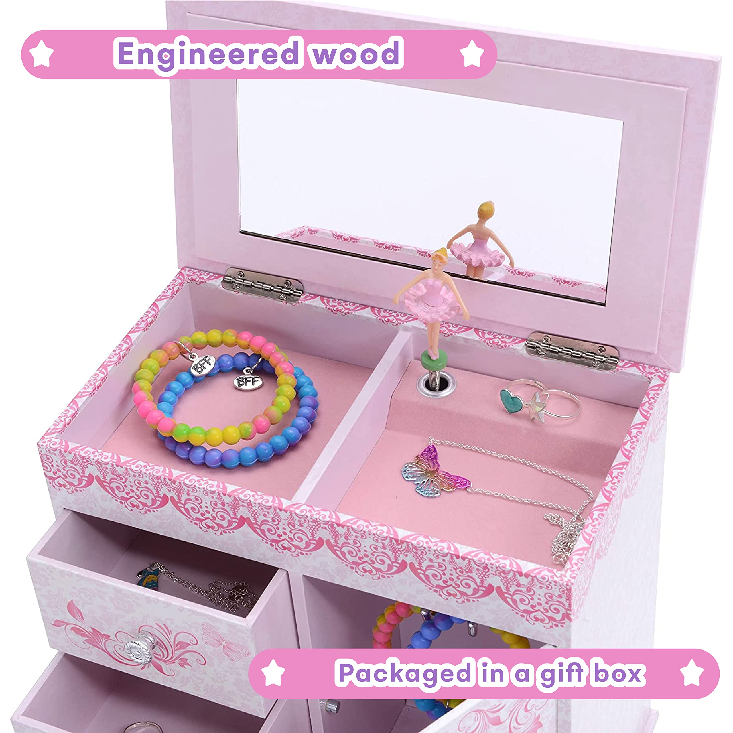 Jewelkeeper Ballerina Schmuckschatulle Schwanensee rosa 3 Schubladen