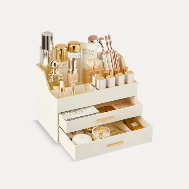 Lolalet Makeup Organizer Schminktisch 2 Schubladen Leder Gold