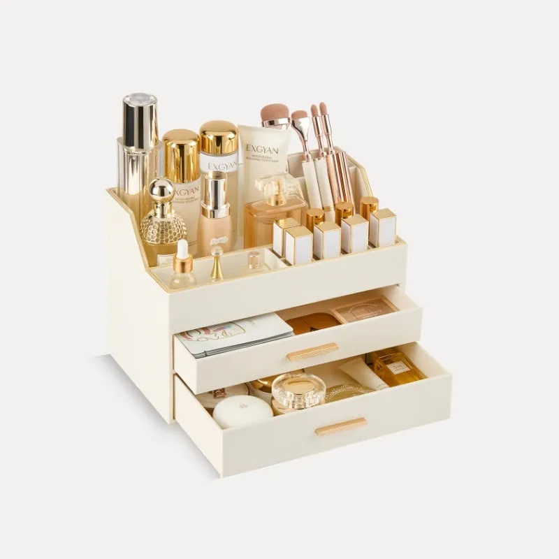 Lolalet Makeup Organizer Schminktisch 2 Schubladen Leder Gold