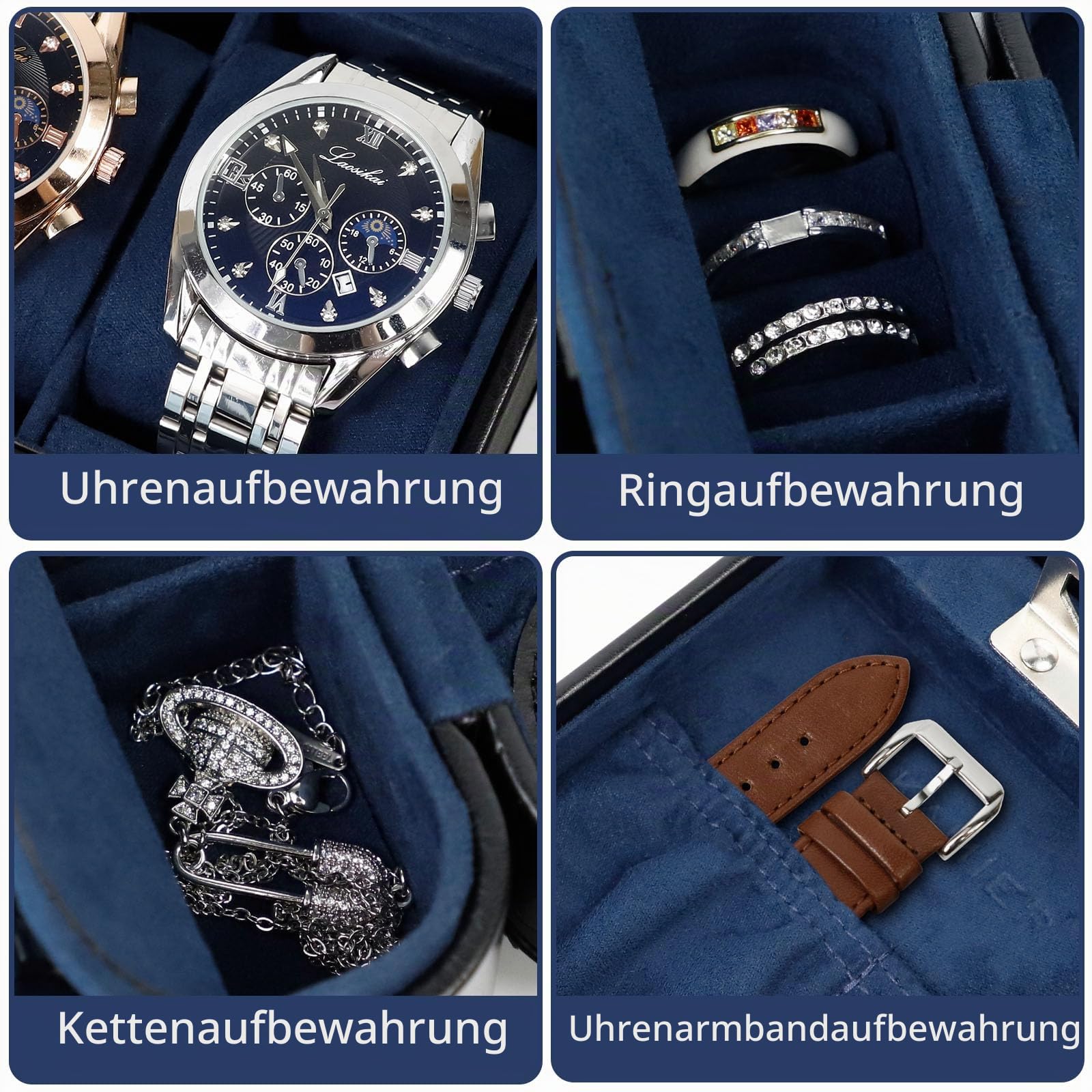 KAMIER Watch Boxes Uhrenbox 2 Uhren Schwarz PU-Leder Schloss