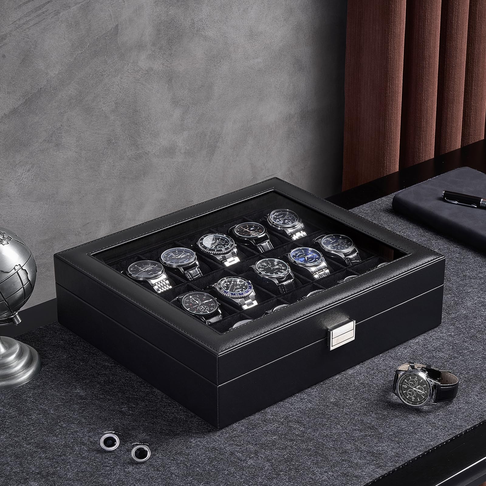 Lolalet Watch Box Uhrenbox Schwarz 6 Fächer Glasdeckel