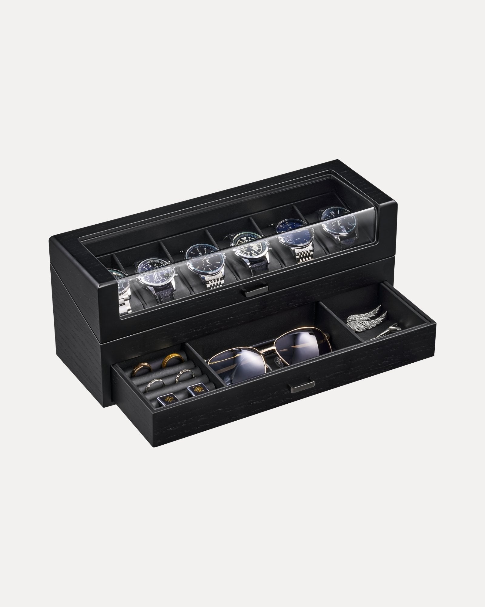 Lolalet Watch Box Uhrenbox Holz schwarz 6 Fächer mit Glas