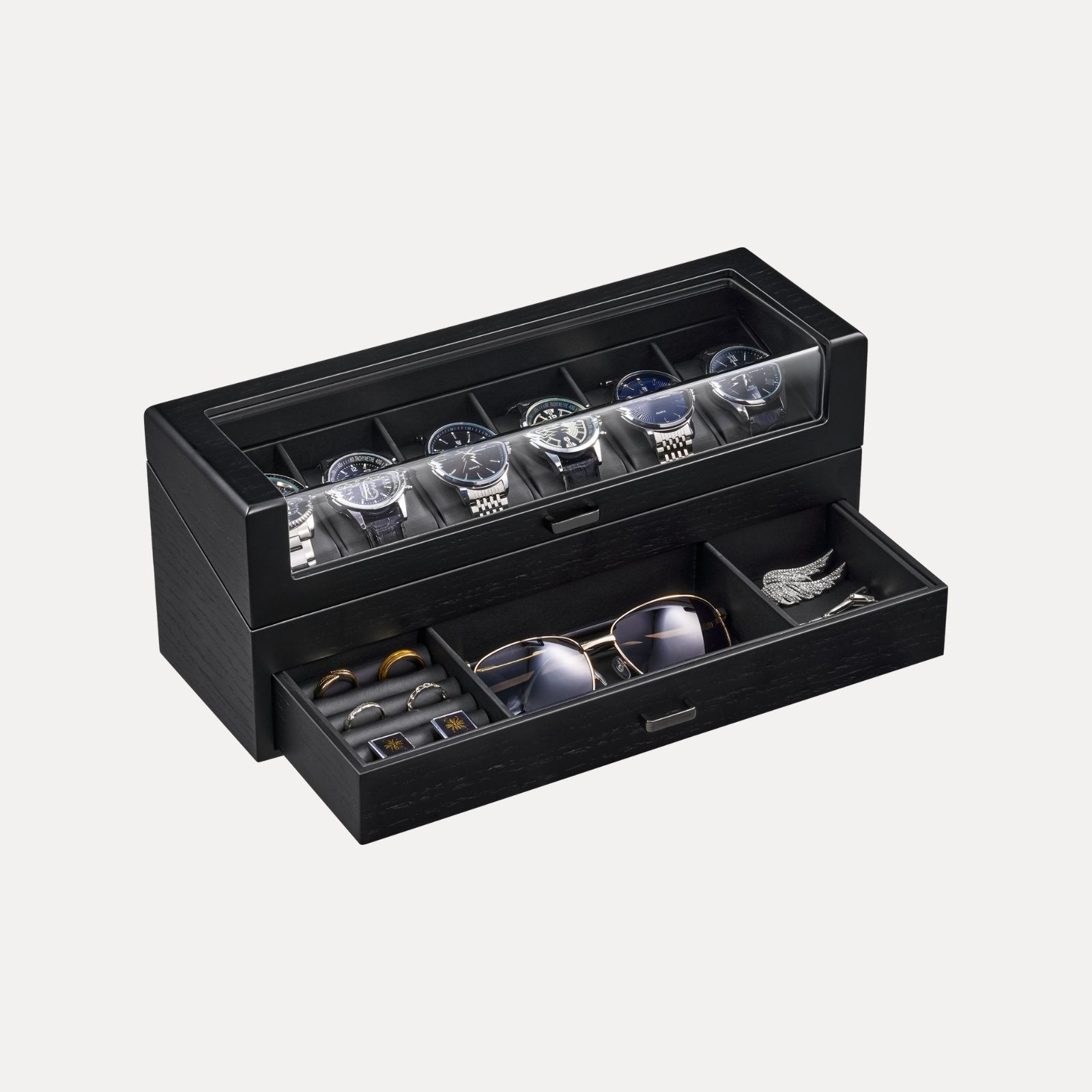 Lolalet Watch Box Uhrenbox Holz schwarz 6 Fächer mit Glas