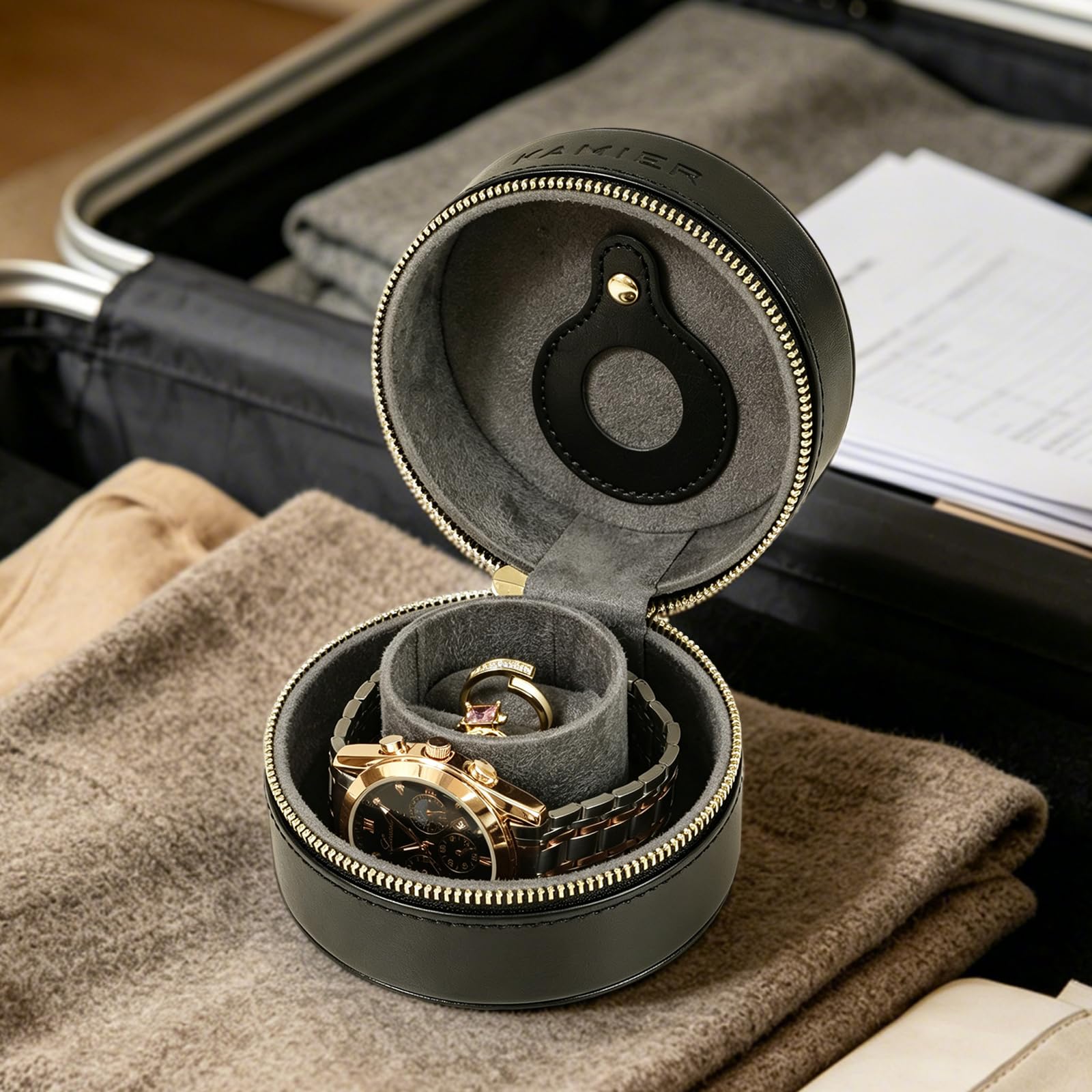 KAMIER Watch Boxes Reise Uhrenbox Schwarz 1 Uhr Ringfach