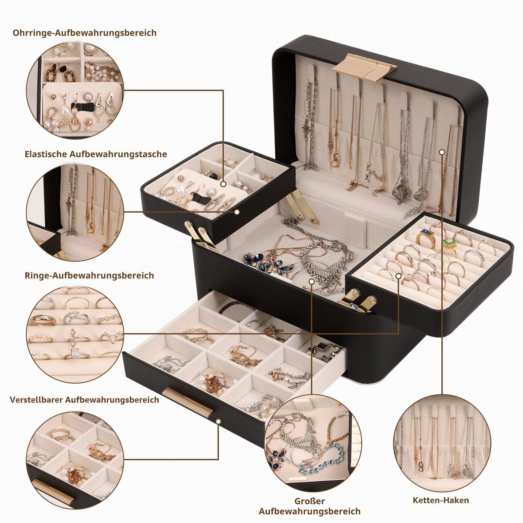 KAMIER Large Jewelry Boxes Schmuckkästchen 3 Ebenen PU-Leder