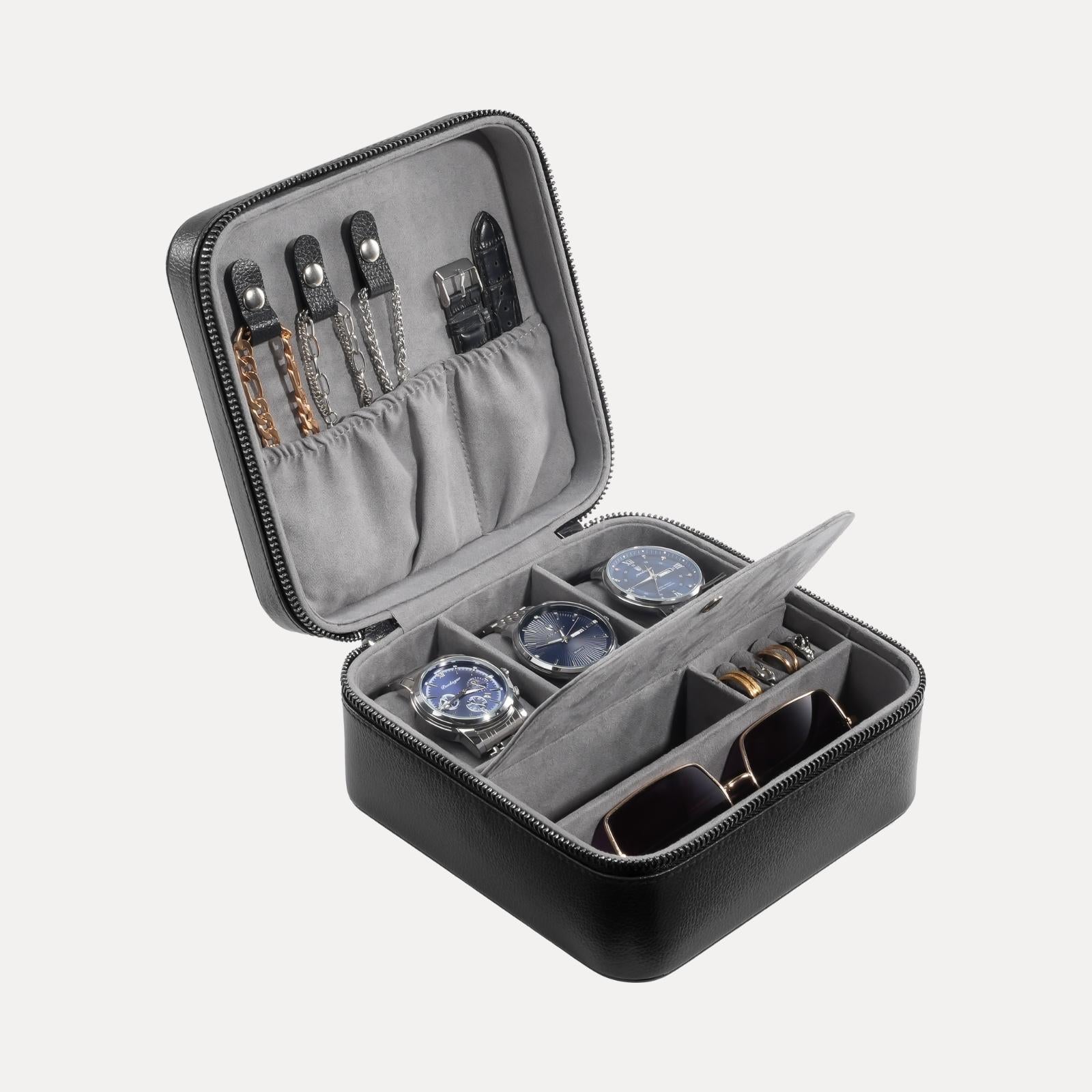 Lolalet Watch Box Reise Uhrenetui Schwarz 2 Fächer Leder