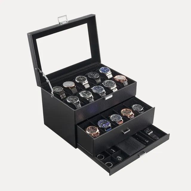 Lolalet Watch Box 3-Layer 20 Slots Uhrenbox Schwarz Glasdeckel