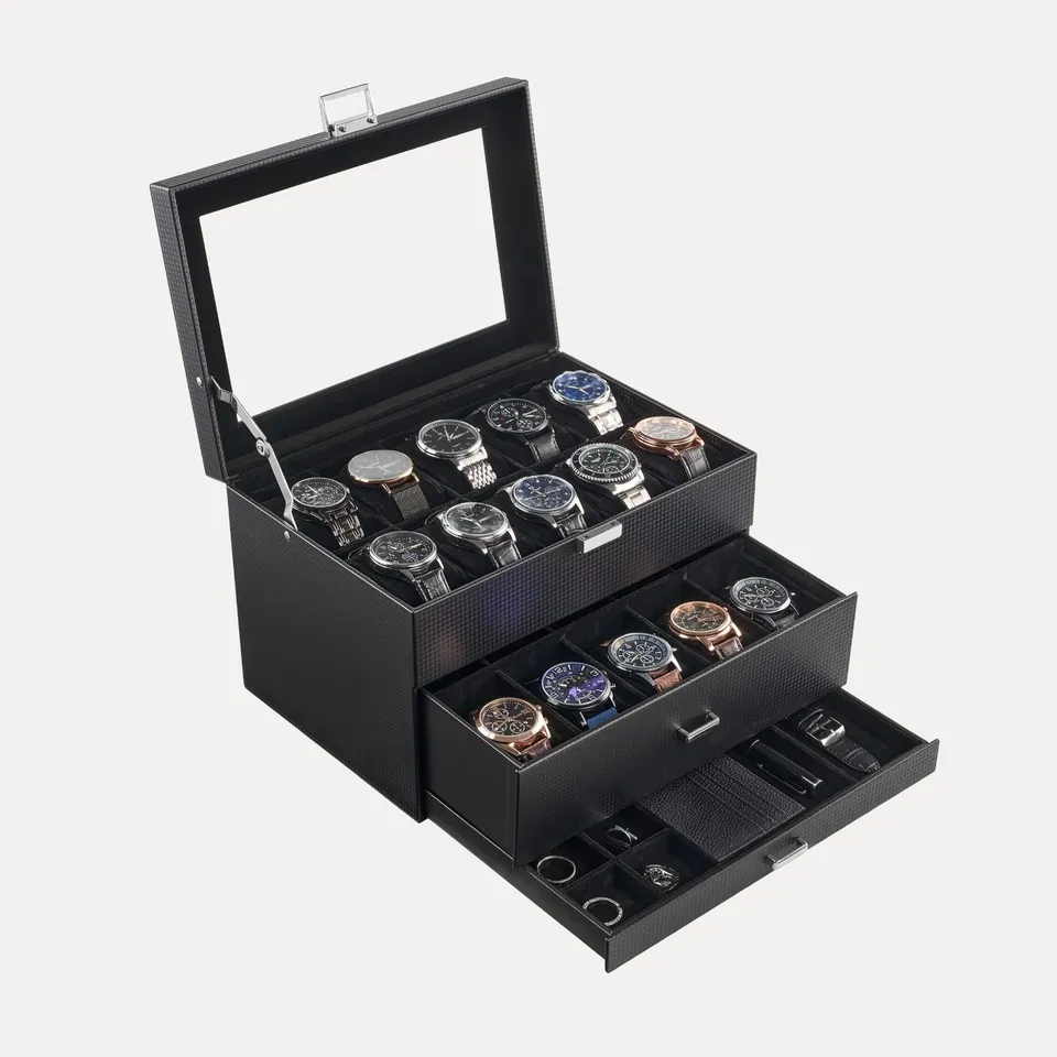 Lolalet Watch Box 3-Layer 20 Slots Uhrenbox Schwarz Glasdeckel