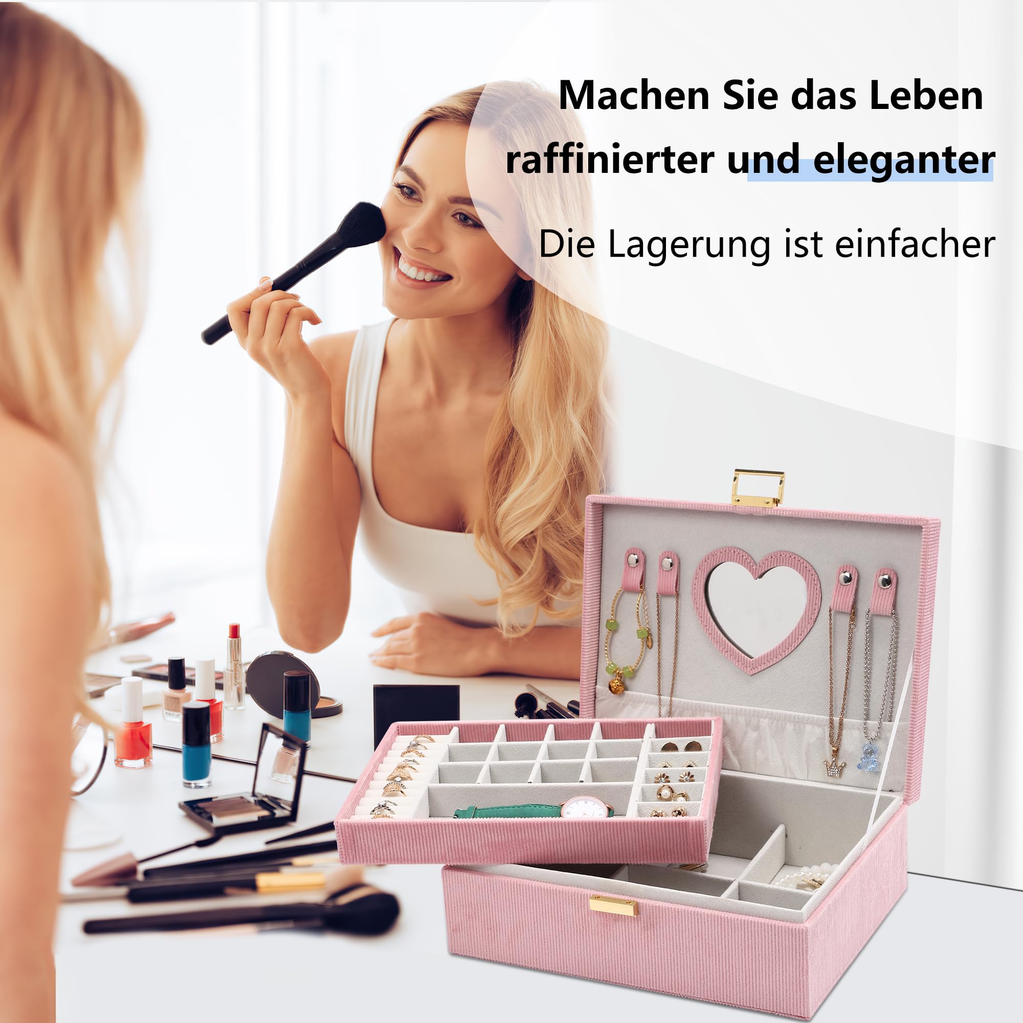 Dajasan Small Jewelry Box Schmuckkästchen Rosa 2 Etagen