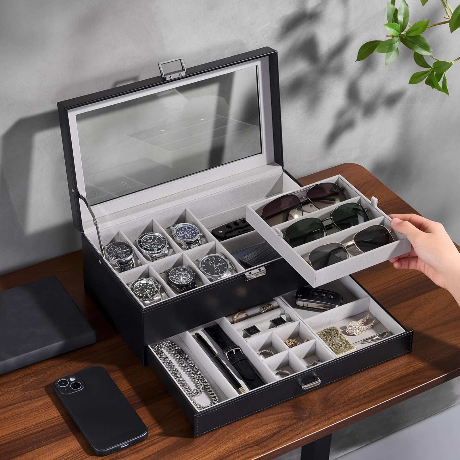 Lolalet Jewelry Box Schmuckkasten Grau 6 Uhren Glasdeckel