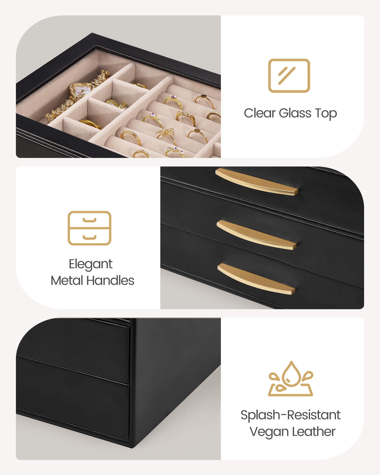 Lolalet Jewelry Box Schmuckkasten 4-lagig Schwarz Glasdeckel