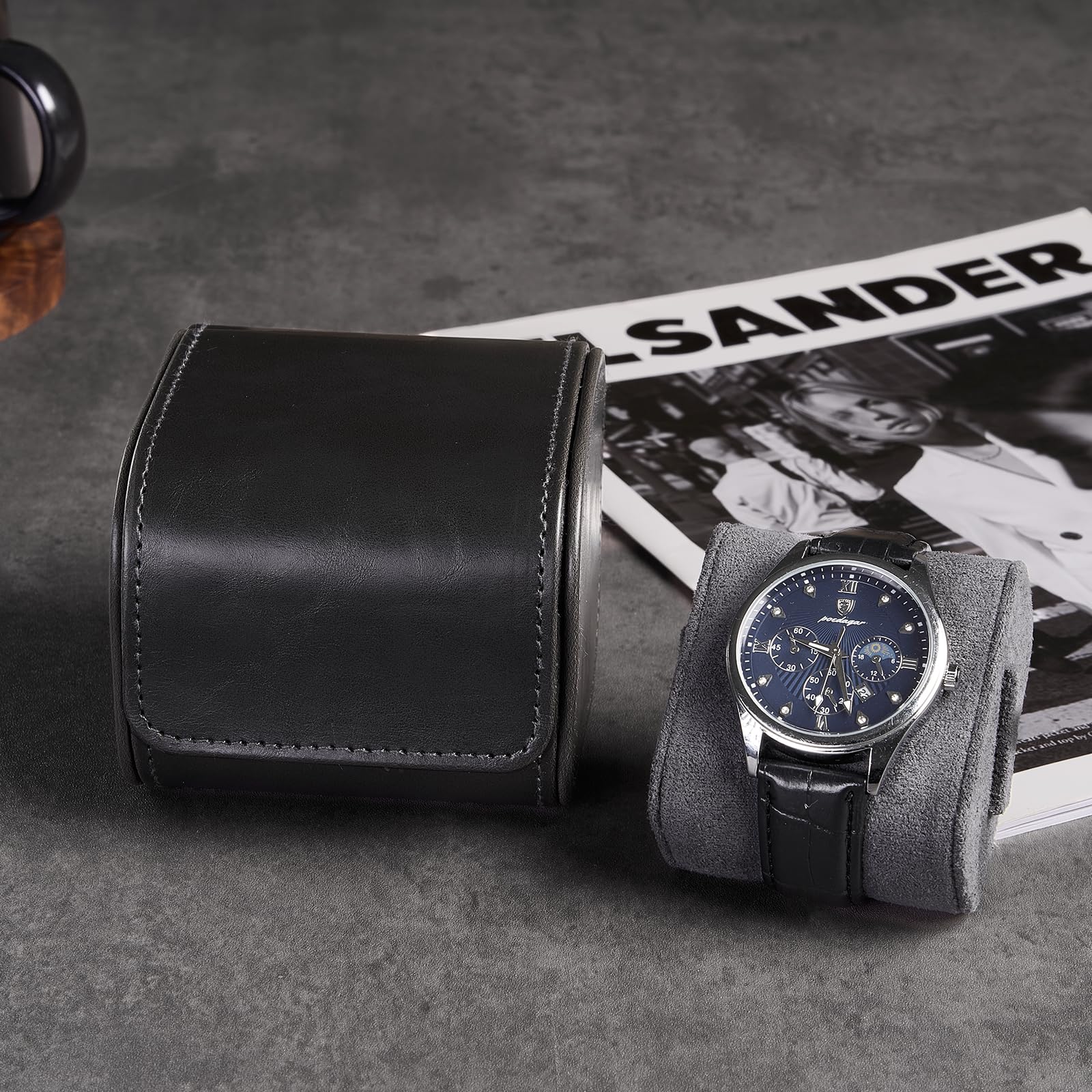 Lolalet Watch Box Uhrenrolle Schwarz 1 Fach Kunstleder 60 mm