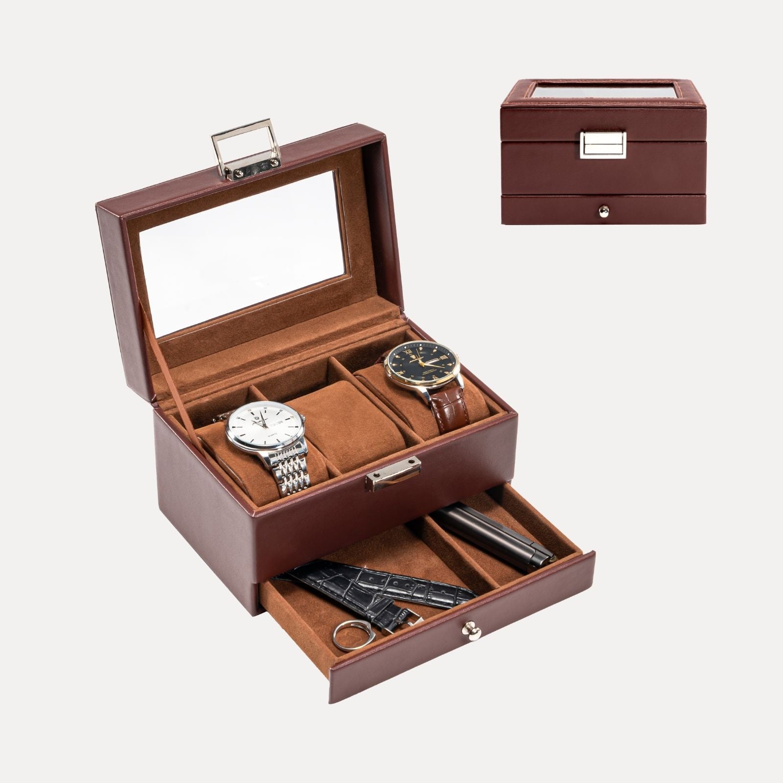 Lolalet Watch Box Uhrenbox Schwarz 3 Fächer mit Glasdeckel
