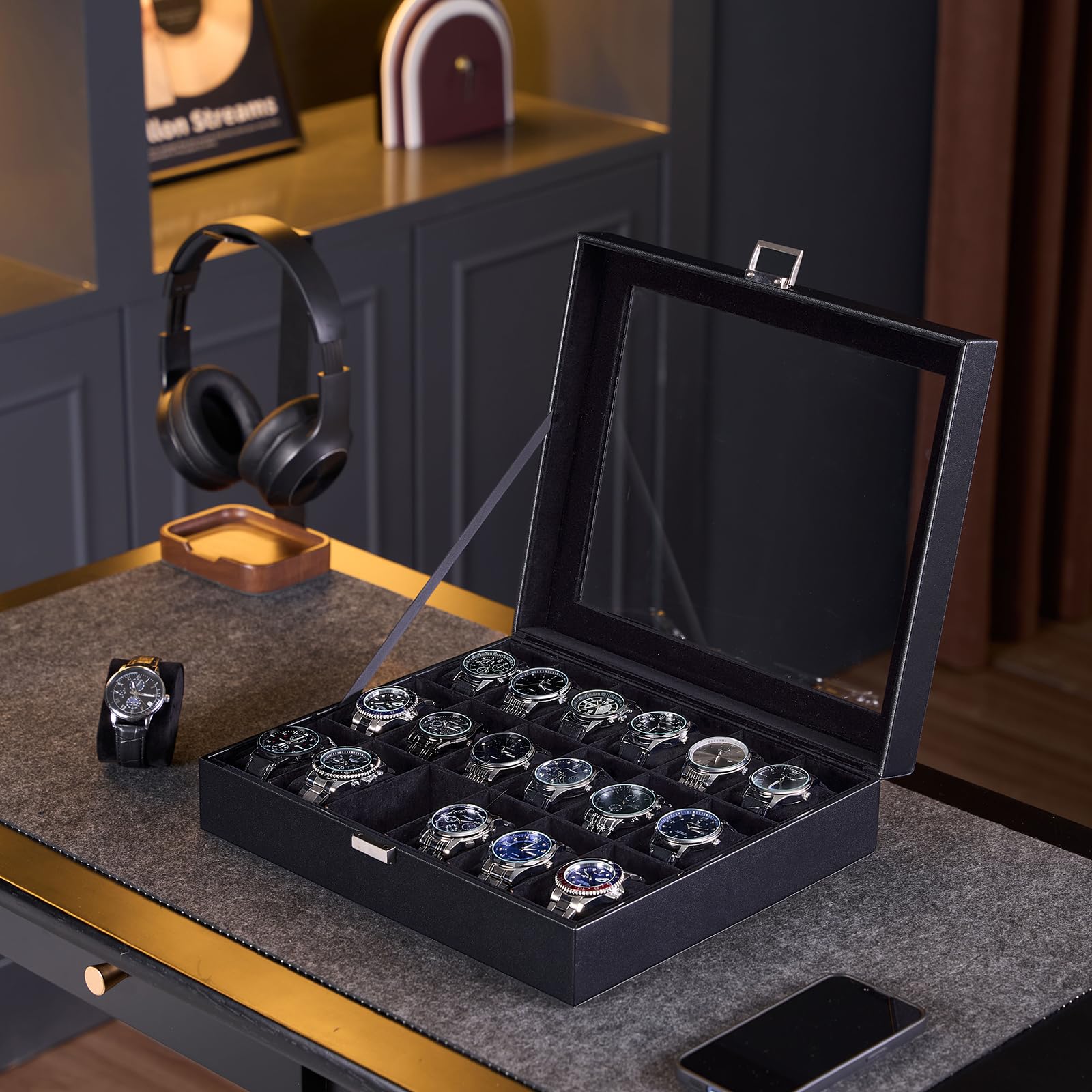 Lolalet Watch Box Uhrenbox Schwarz 6 Fächer Glasdeckel