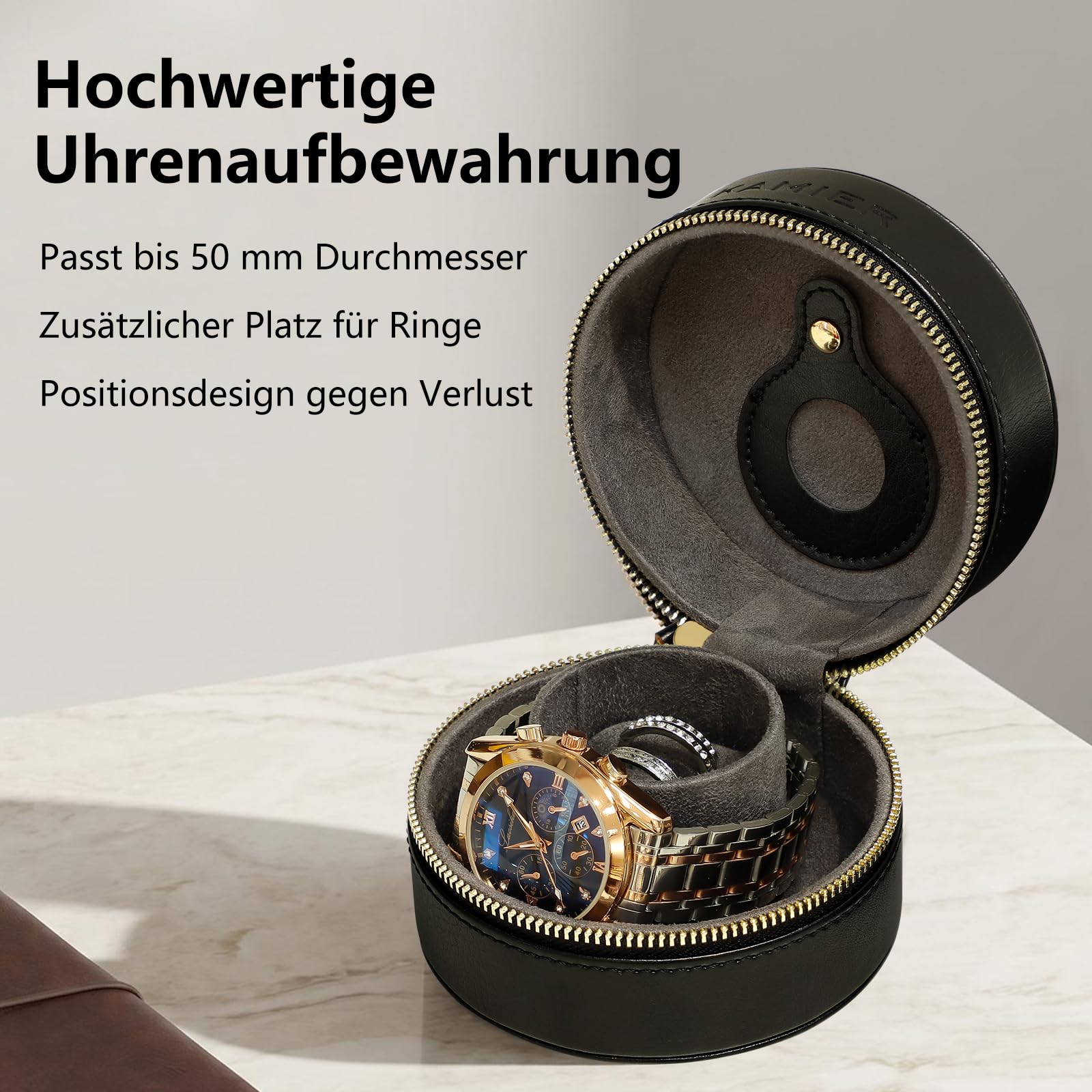 KAMIER Watch Boxes Reise Uhrenbox Schwarz 1 Uhr Ringfach