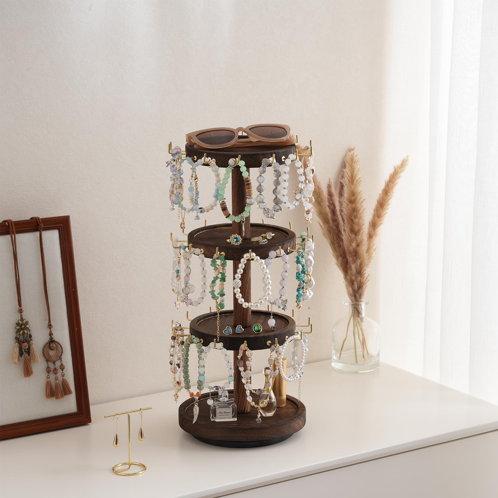 Lolalet Jewelry Stand 4 Tier Schmuckständer Dunkelbraun drehbar