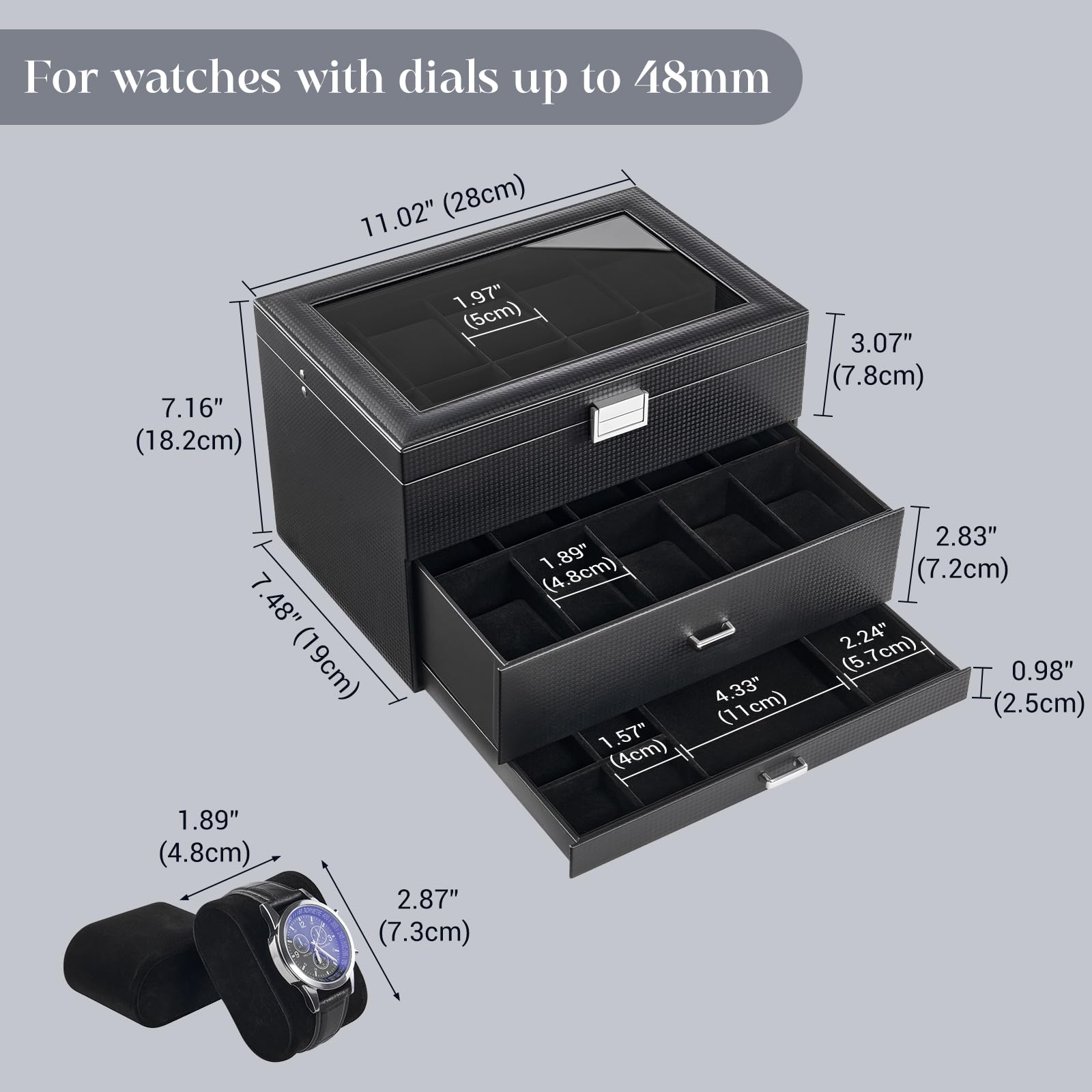 Lolalet Watch Box 3-Layer 20 Slots Uhrenbox Schwarz Glasdeckel