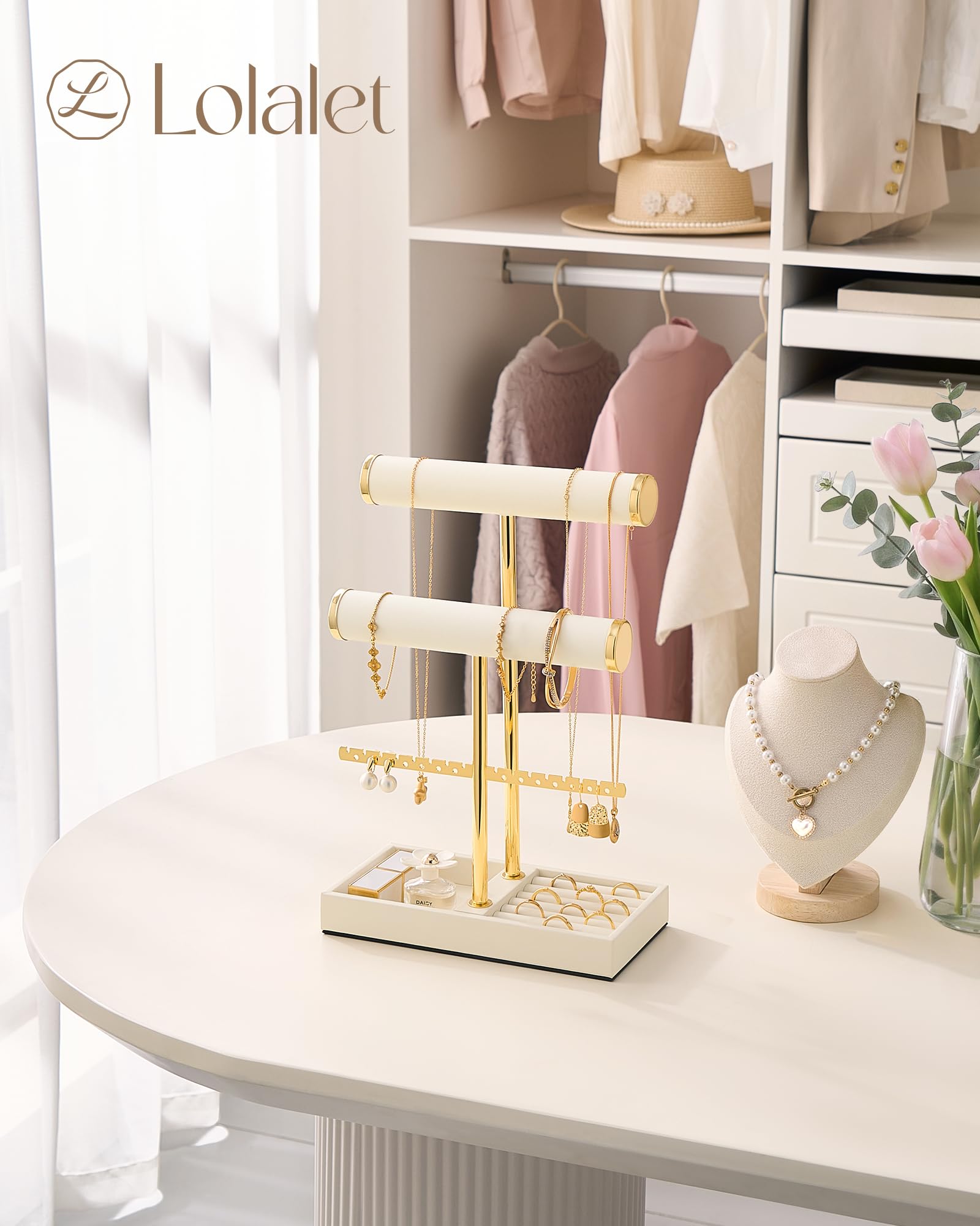 Lolalet Jewelry Stand Schmuckständer Beige 3 Ebenen Leder