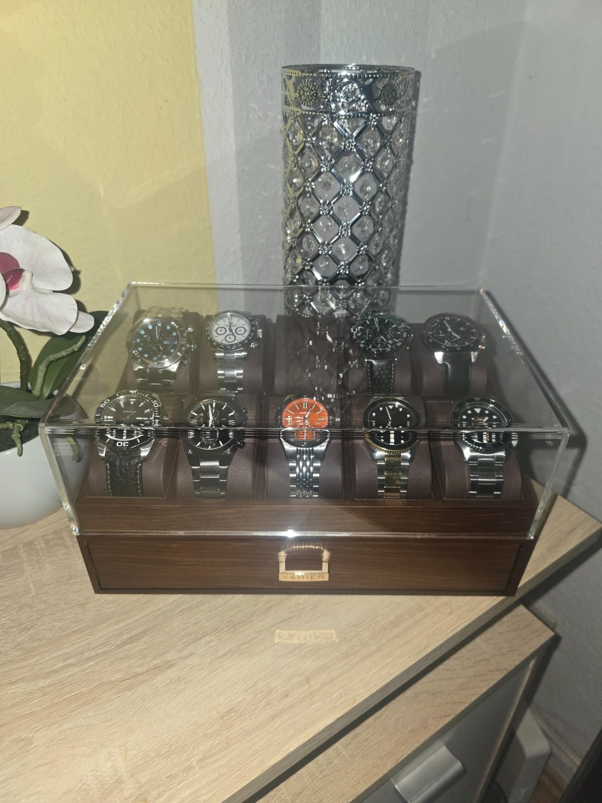 KAMIER Watch Boxes Uhrenbox Holz 6 Uhren mit Schublade Walnuss