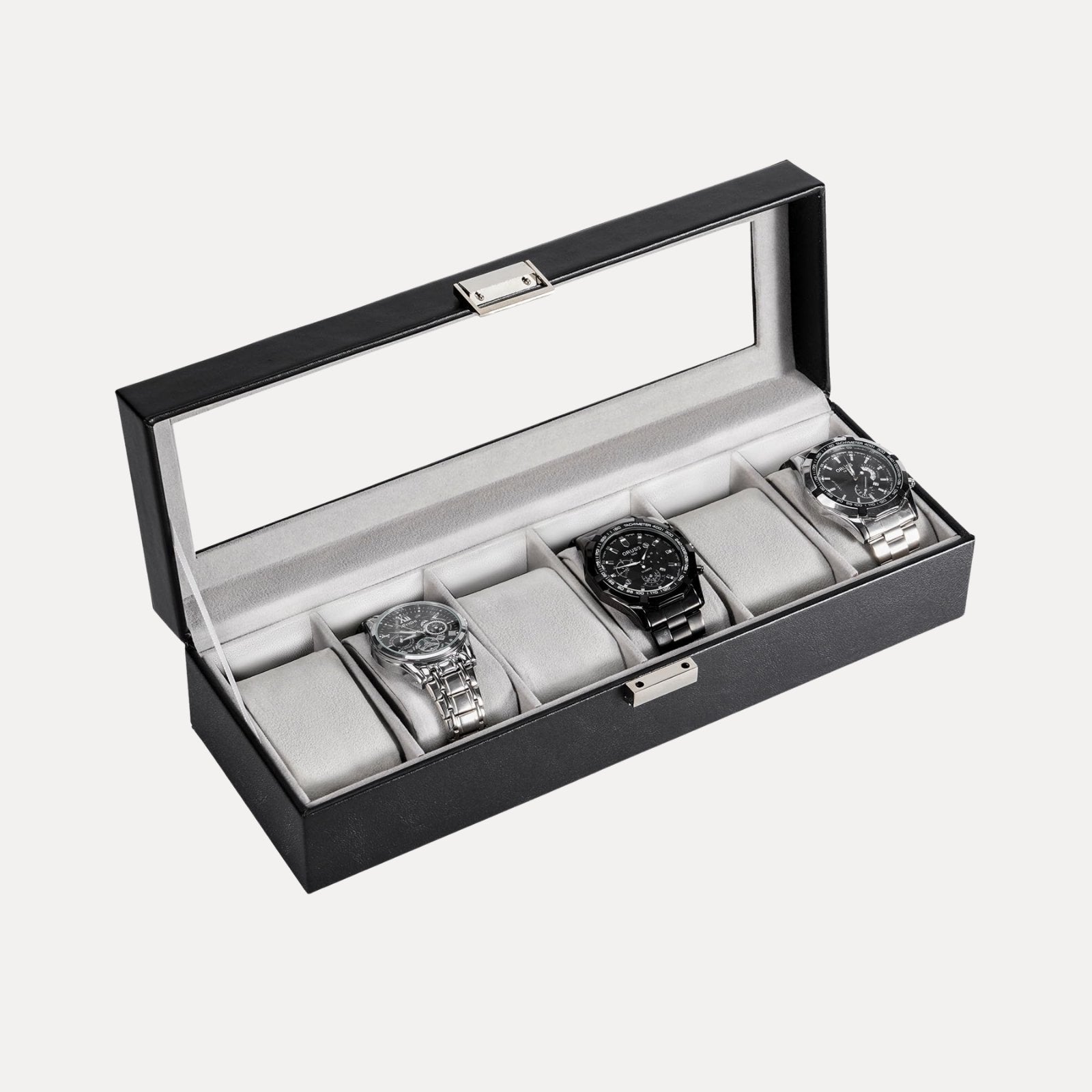 Lolalet Watch Box Uhrenbox 6 Fächer Schwarz Glasdeckel PU