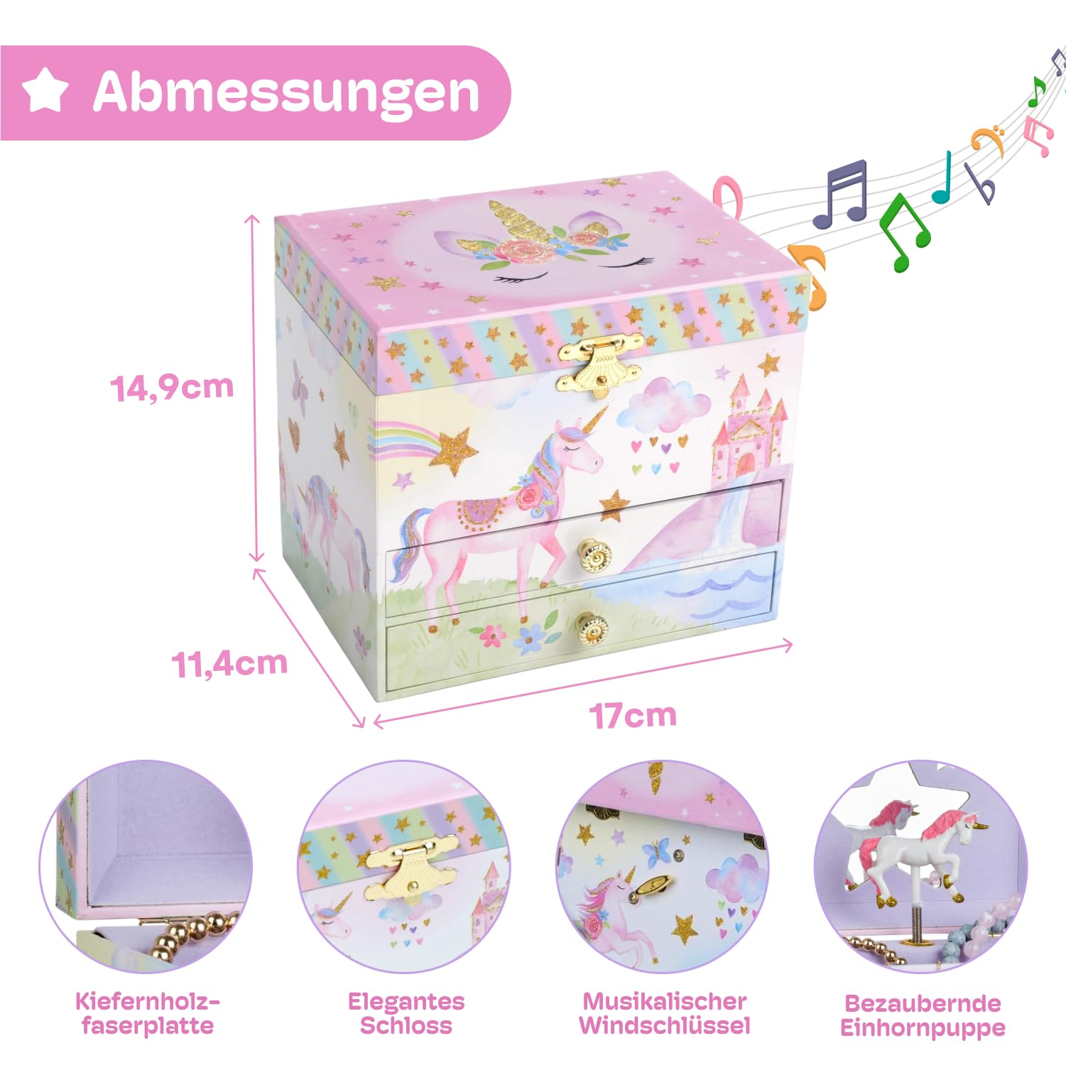 Jewelkeeper Unicorn Schmuckkästchen Glitzer 2 Laden Dreamer-Melodie