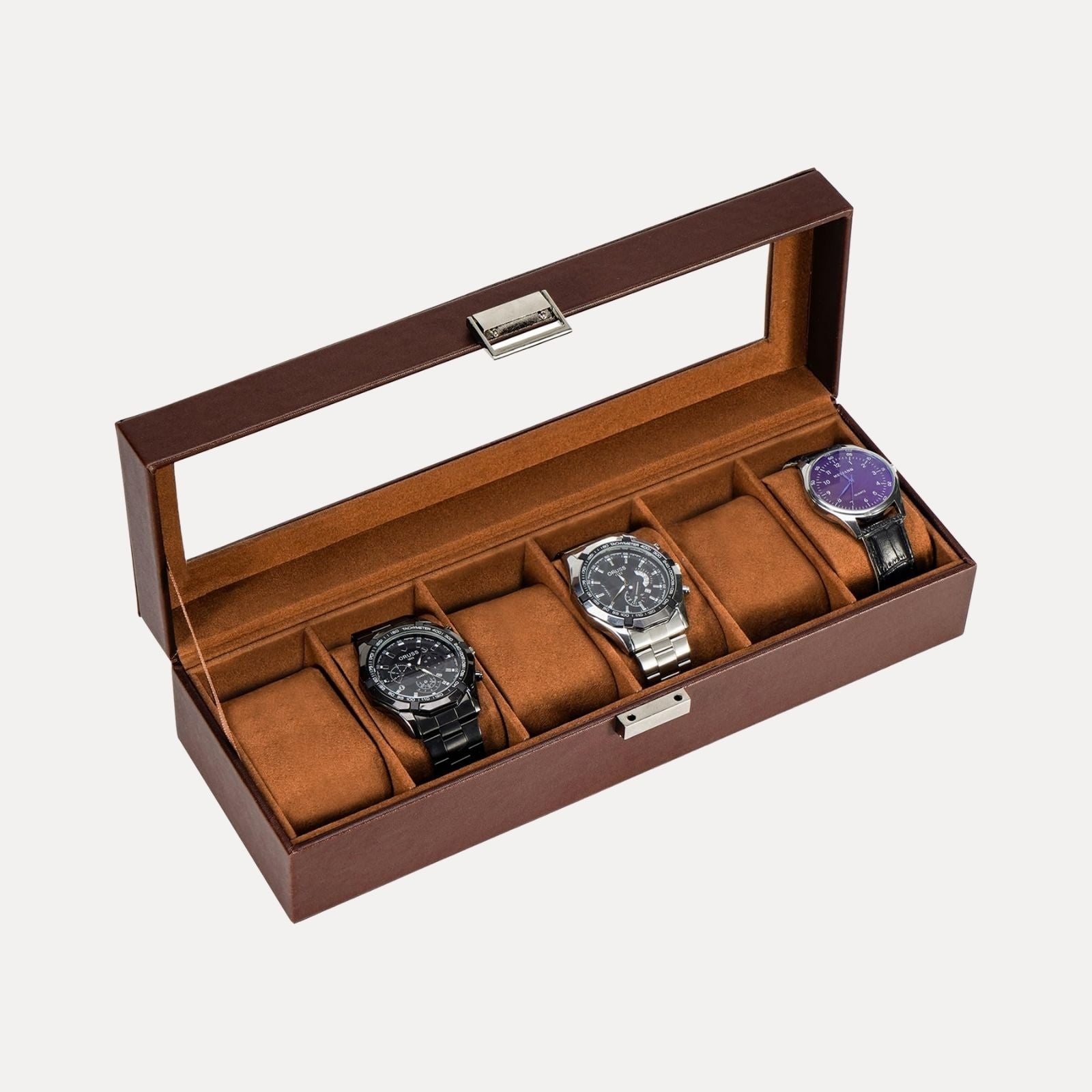 Lolalet Watch Box Uhrenbox 6 Fächer Schwarz Glasdeckel PU