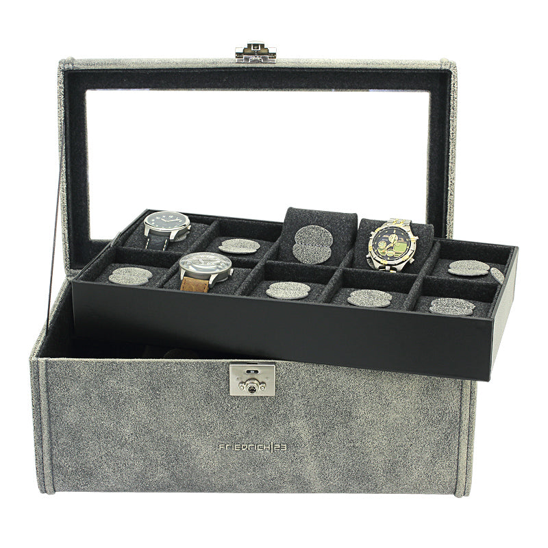 Friedrich 23 Cubano Uhrenbox 20 Uhren Grau Leder Glas