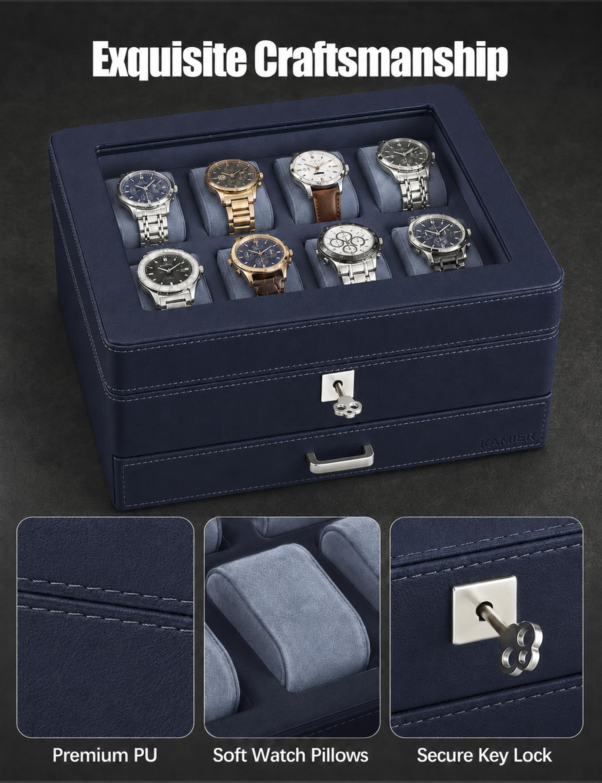 KAMIER Watch Boxes Uhrenbox 8 Uhren Blau 2 Ebenen Samt