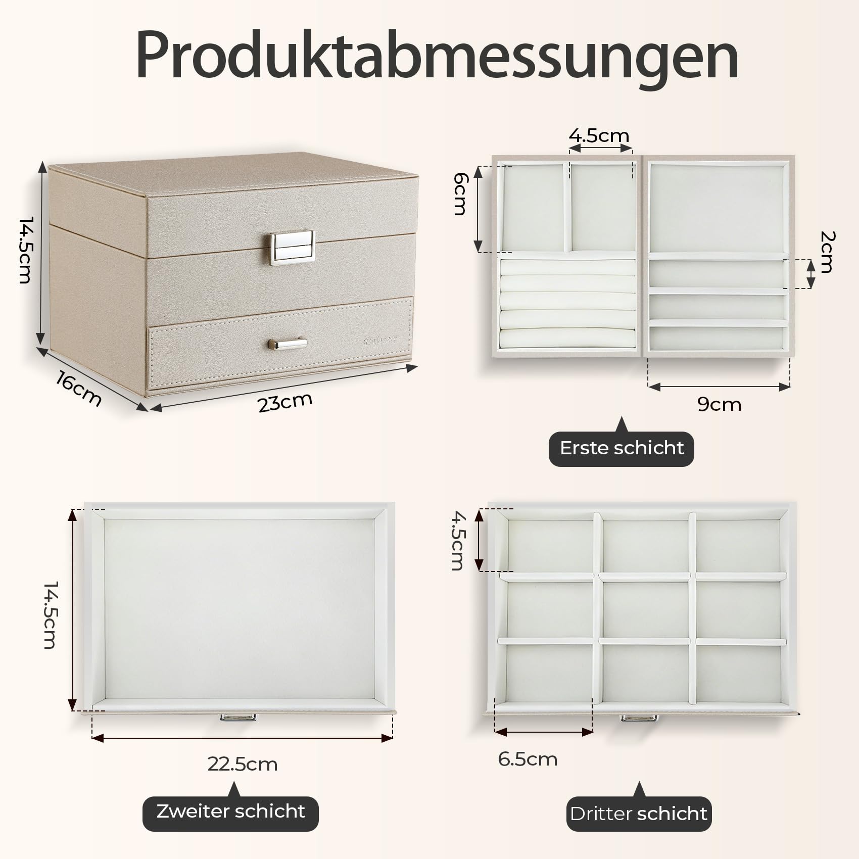 Dajasan Large Jewelry Box Schmuckkästchen Champagner 3 Ebenen