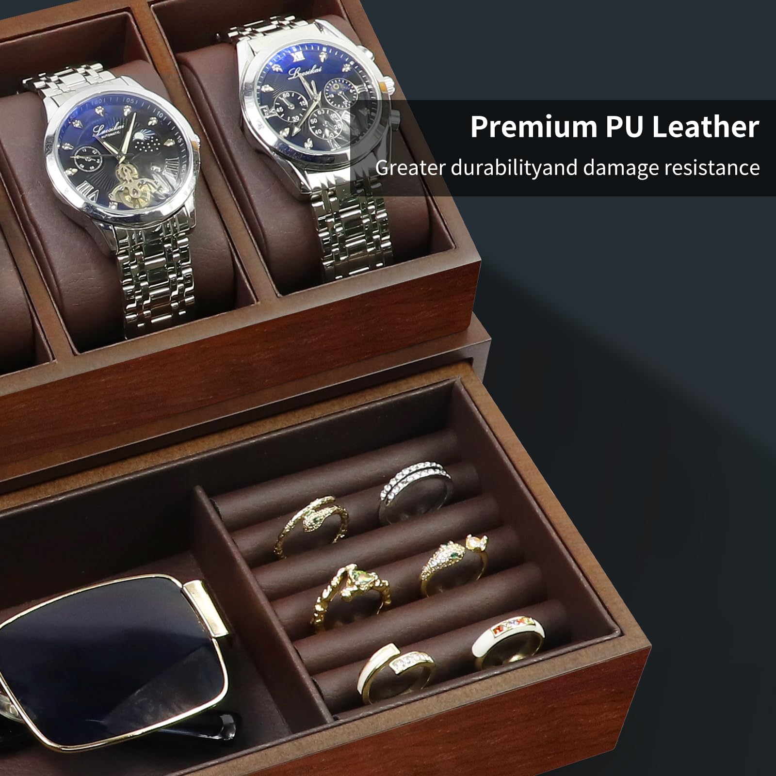 KAMIER Watch Boxes Uhrenbox Holz 6 Uhren mit Schublade Walnuss