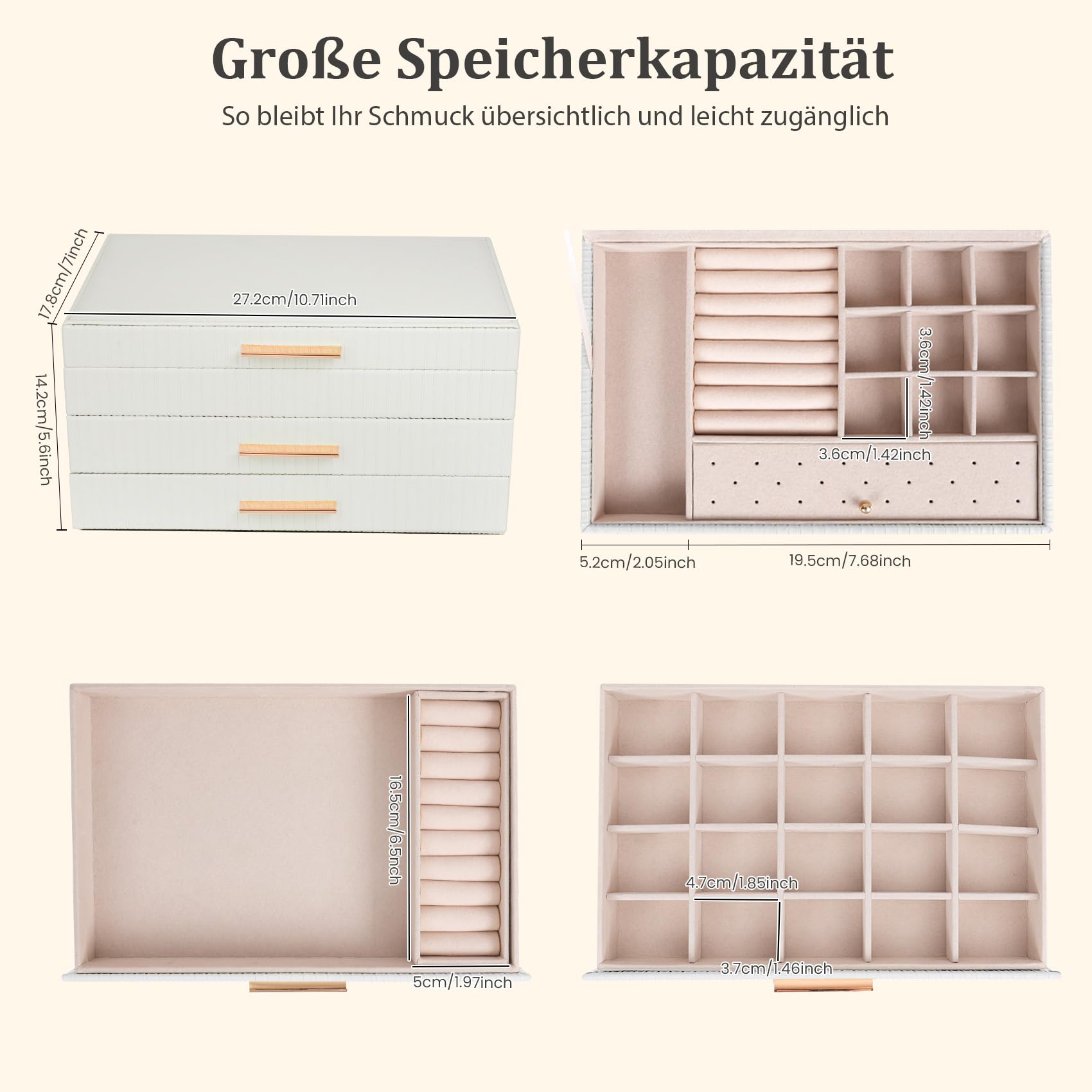 Dajasan Large Jewelry Box Schmuckkästchen Weiß 3 Ebenen Leder