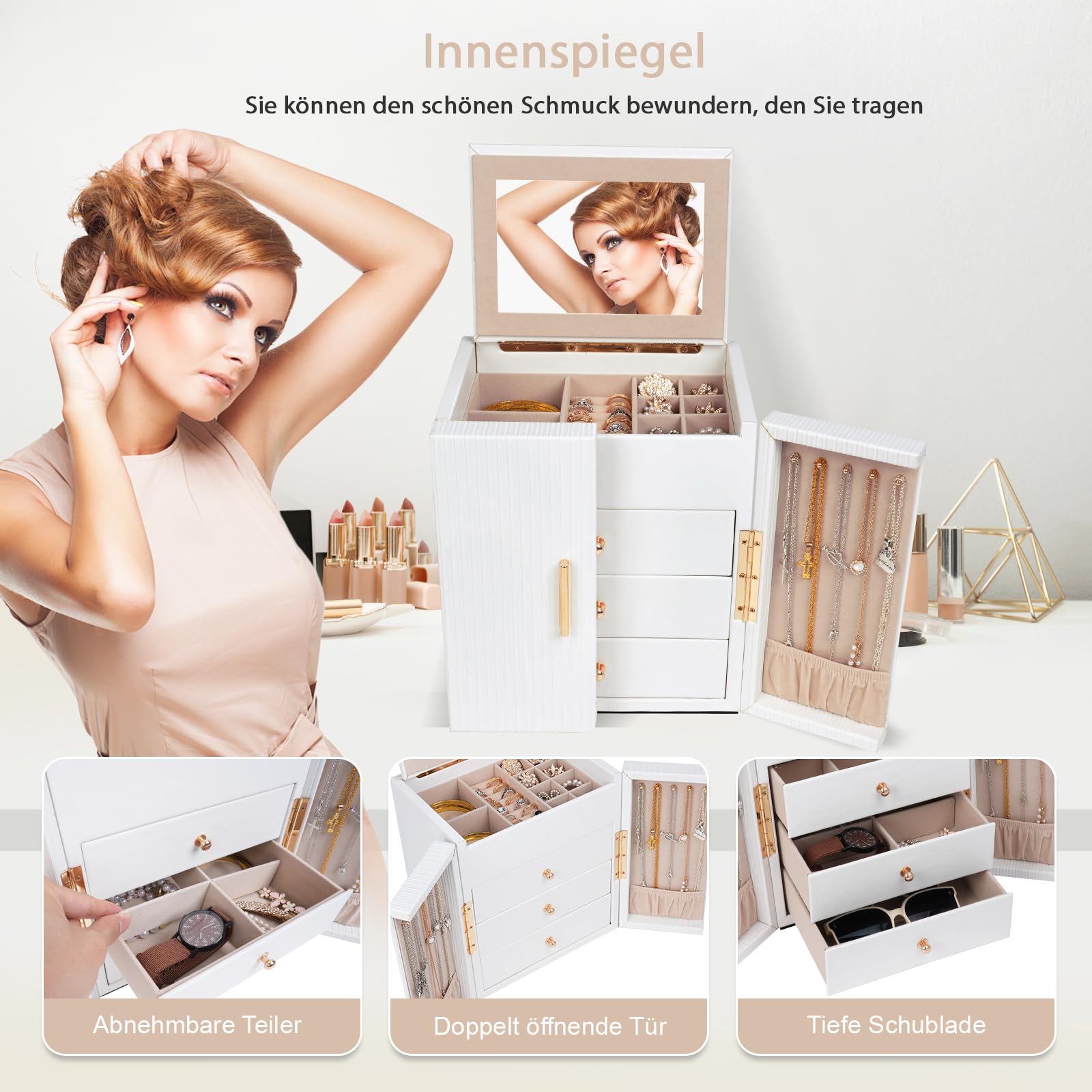 Dajasan Large Jewelry Box Schmuckkästchen Weiß Spiegel