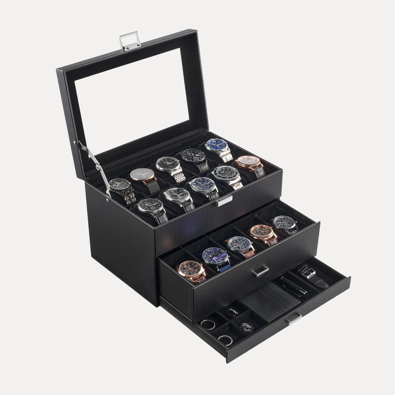 Lolalet Watch Box 3-Layer 20 Slots Uhrenbox Schwarz Glasdeckel