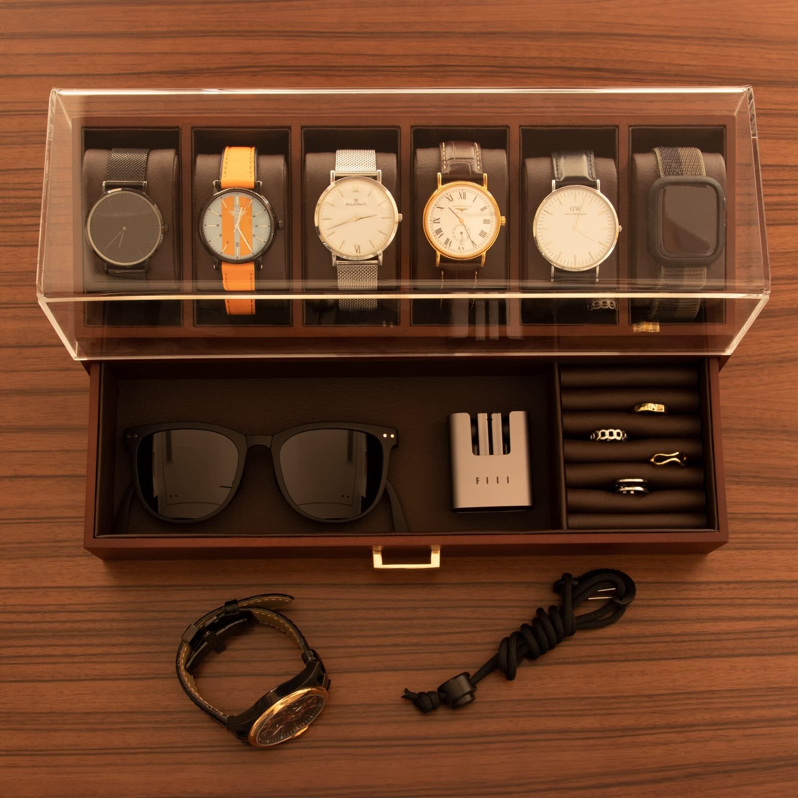 KAMIER Watch Boxes Uhrenbox Holz 6 Uhren mit Schublade Walnuss