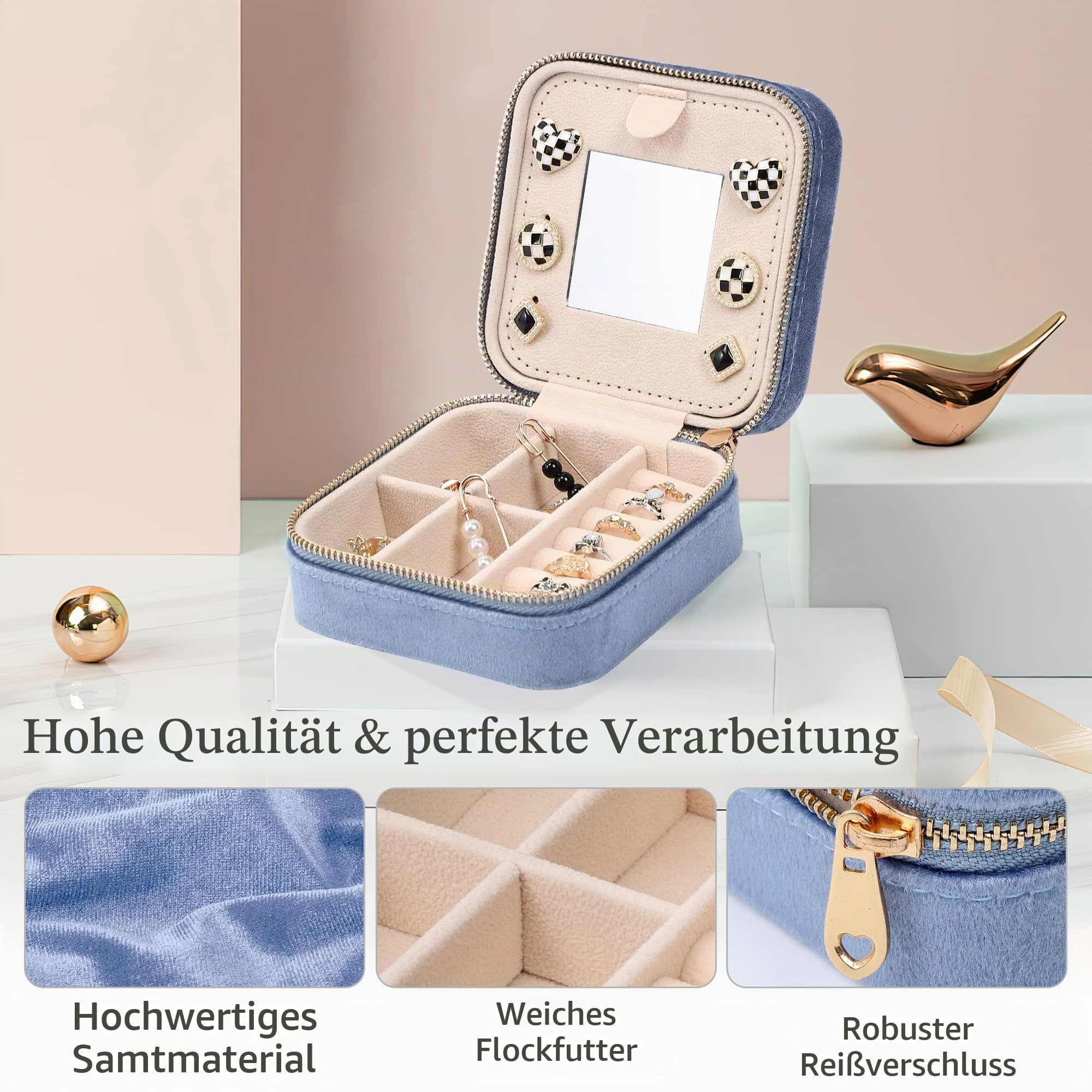 Dajasan Small Jewelry Box Schmuckbox Blau Samt Spiegel
