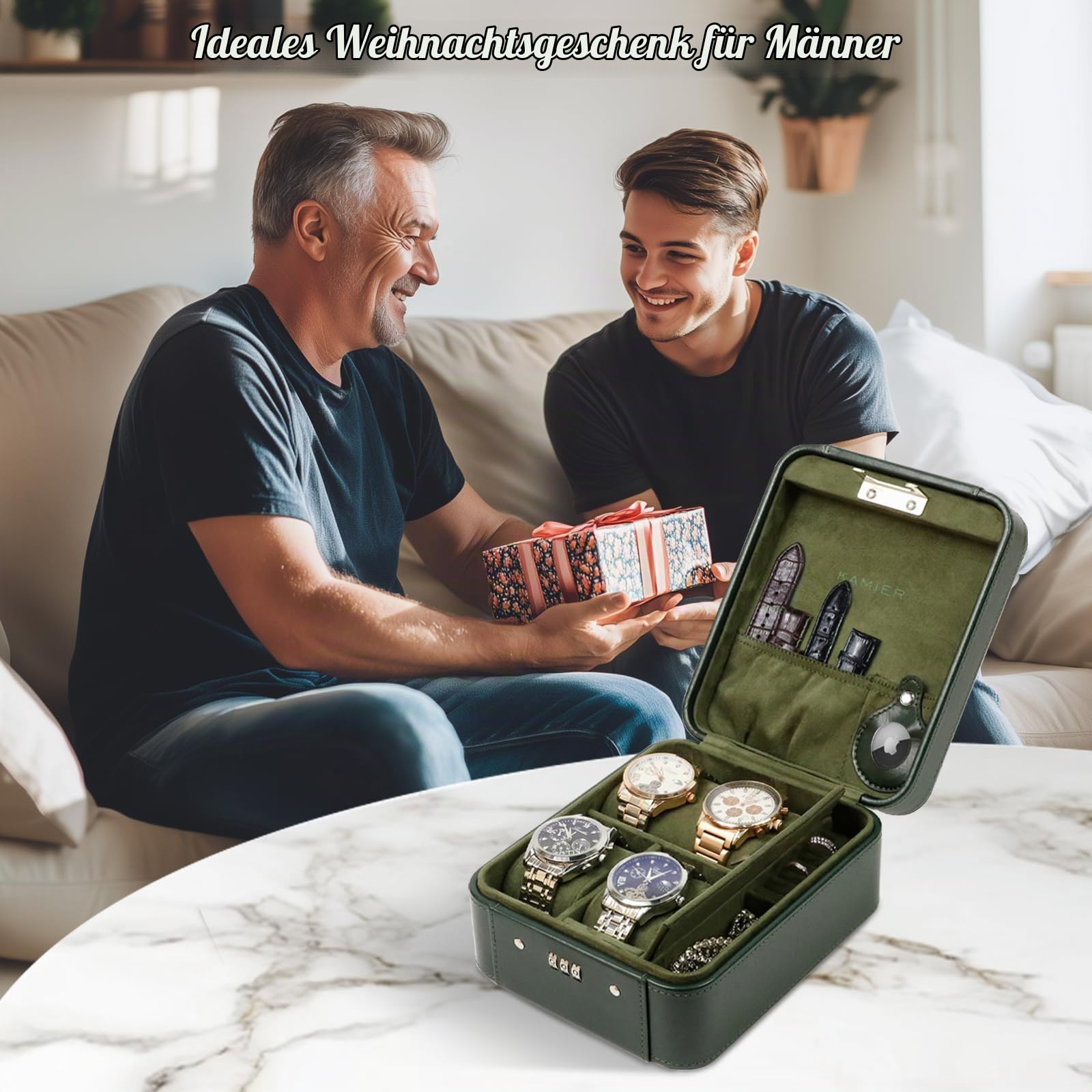KAMIER Watch Boxes Uhrenbox 4 Uhren Grün Zahlenschloss