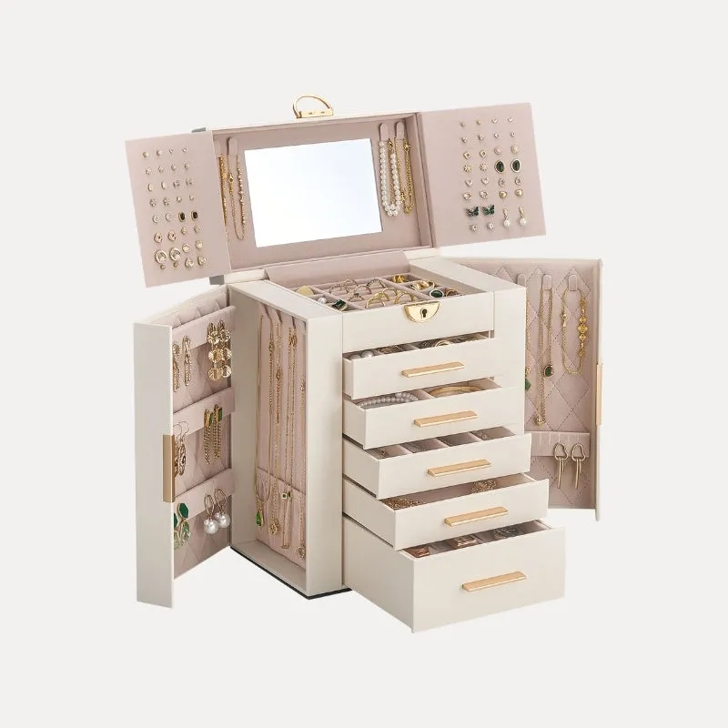 Lolalet Jewelry Box Schmuckkasten beige 6 Lagen mit Spiegel