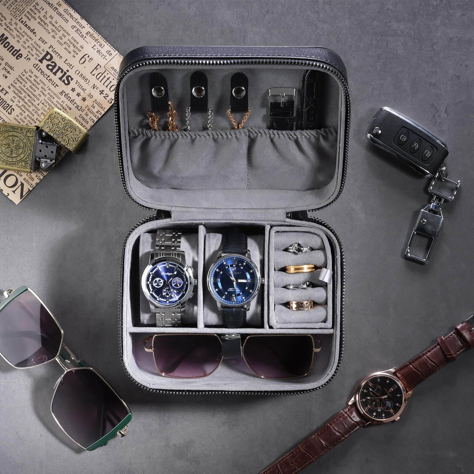 Lolalet Watch Box Reise Uhrenetui Schwarz 2 Fächer Leder